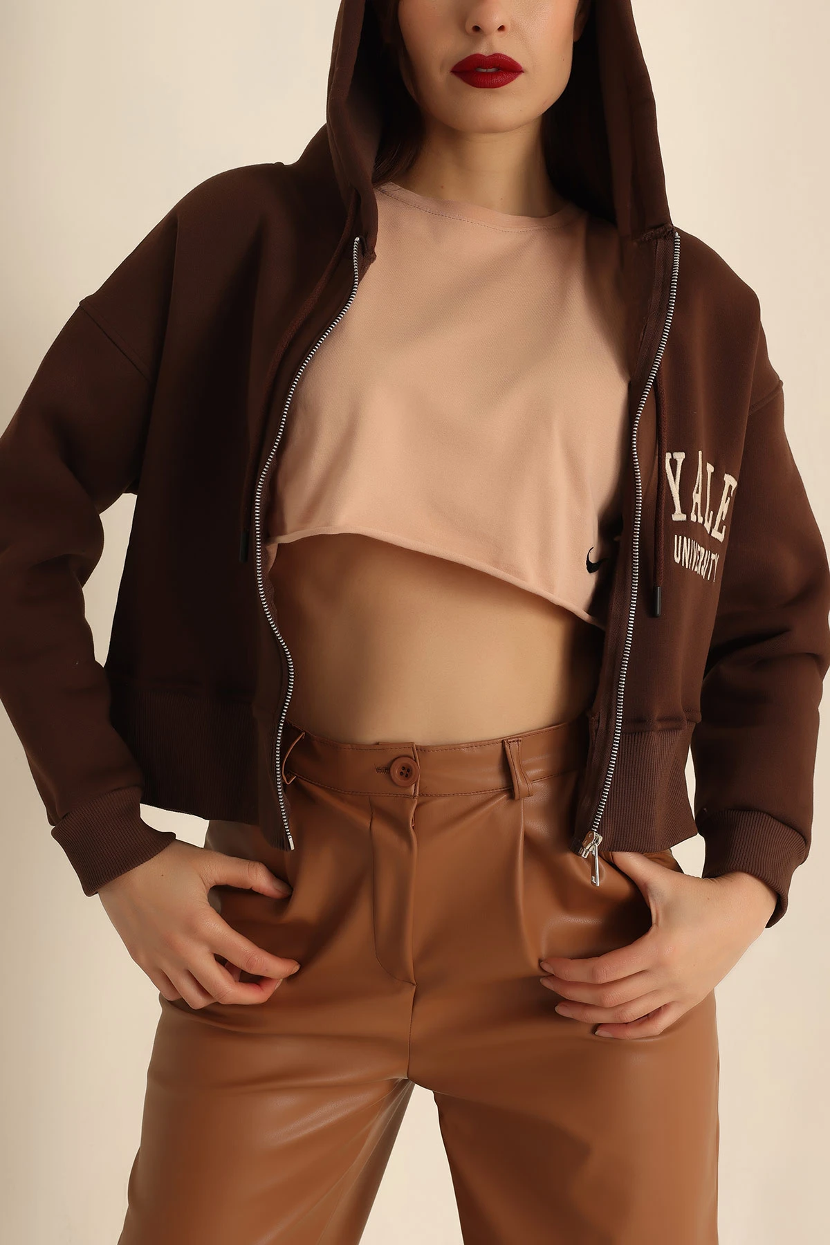 Kahverengi Fermuarlı İçi Şardonlu Bayan Sweat 224409