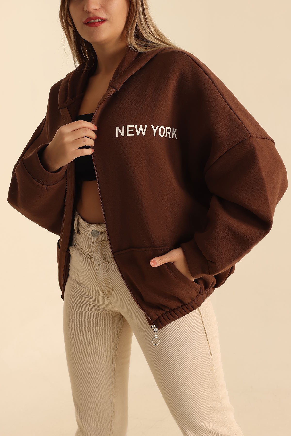 Kahverengi Fermuarlı İçi Şardonlu Sweat 211349
