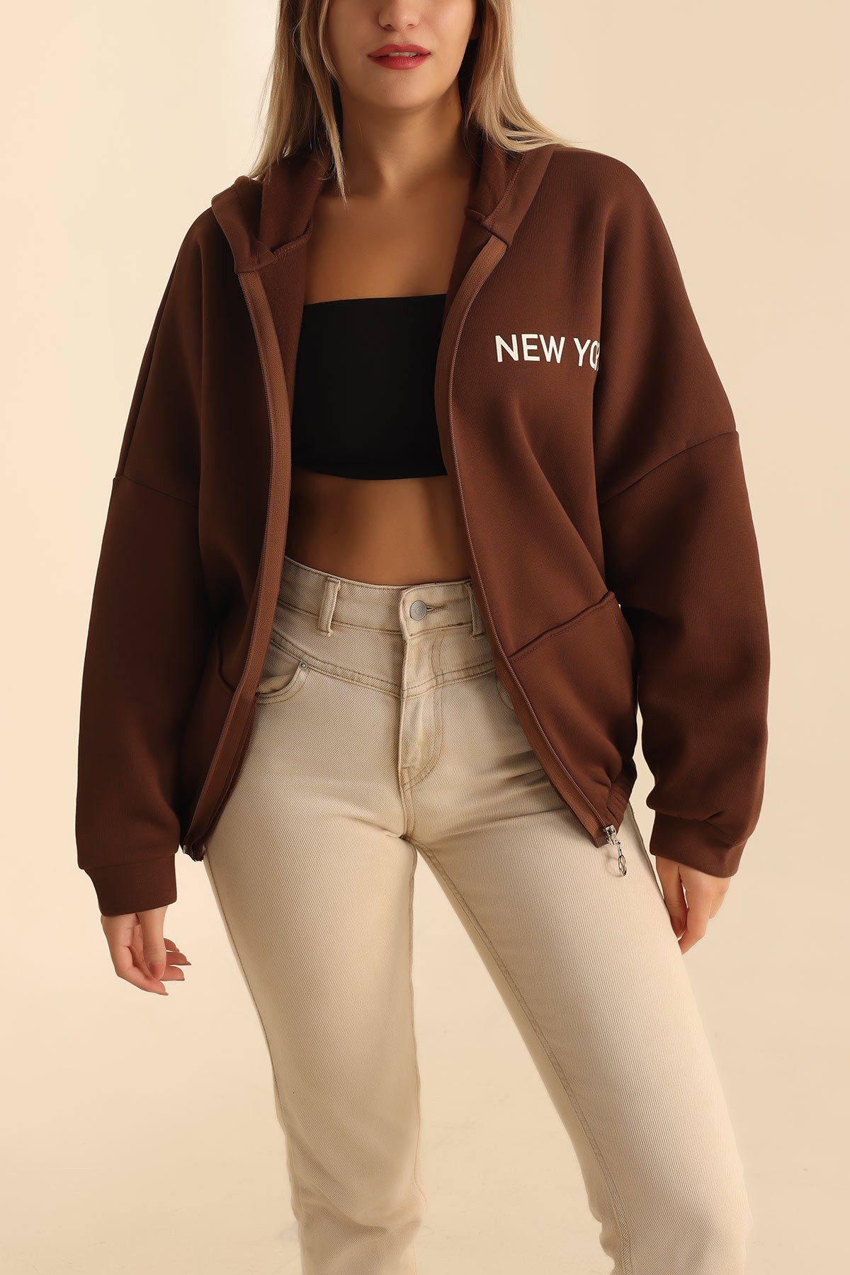 Kahverengi Fermuarlı İçi Şardonlu Sweat 211349
