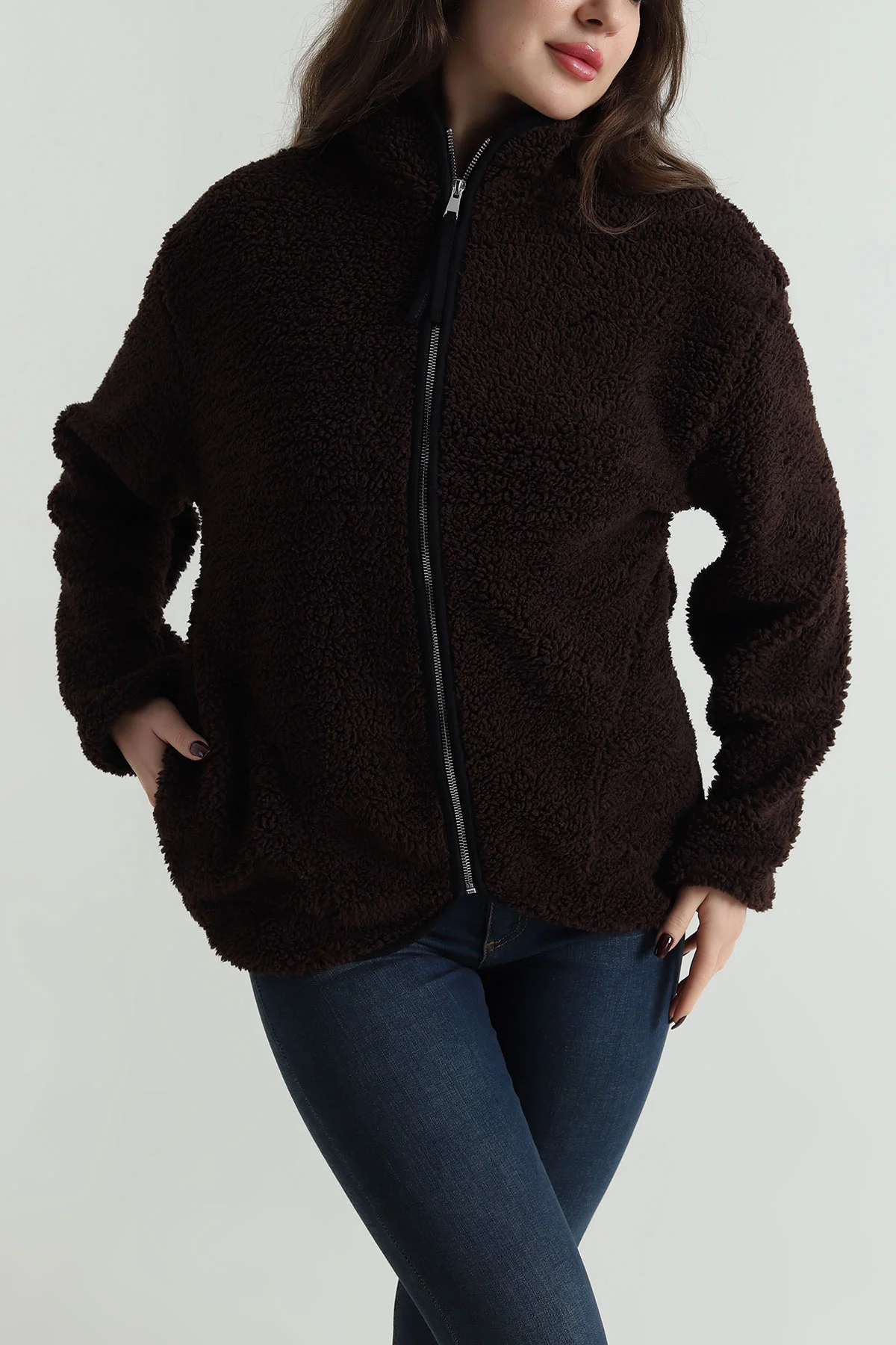 Kahverengi Fermuarlı Kadın Pelüş Fermuarlı Üst 500943