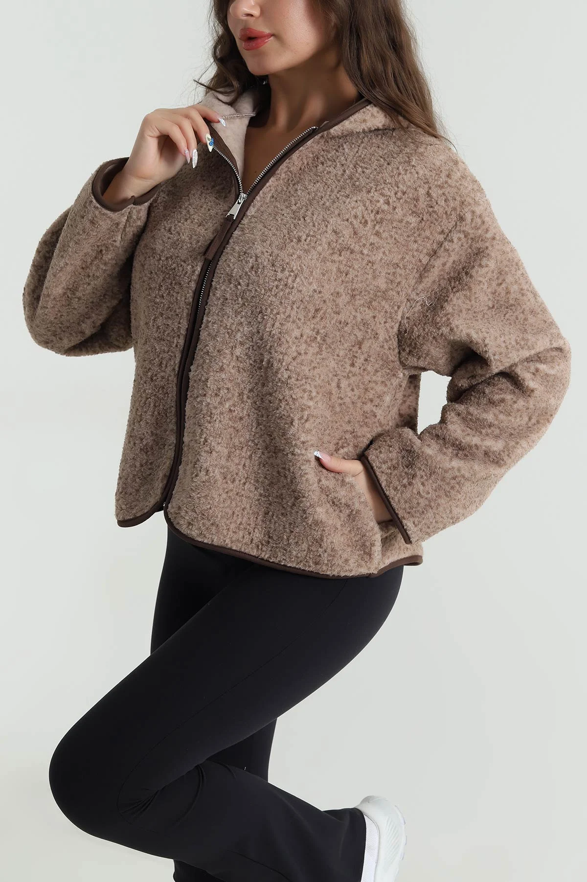 Kahverengi Fermuarlı Kapşonlu Teddy Kadın Sweat 482462