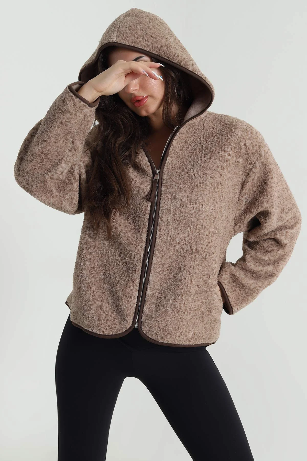 Kahverengi Fermuarlı Kapşonlu Teddy Kadın Sweat 482462