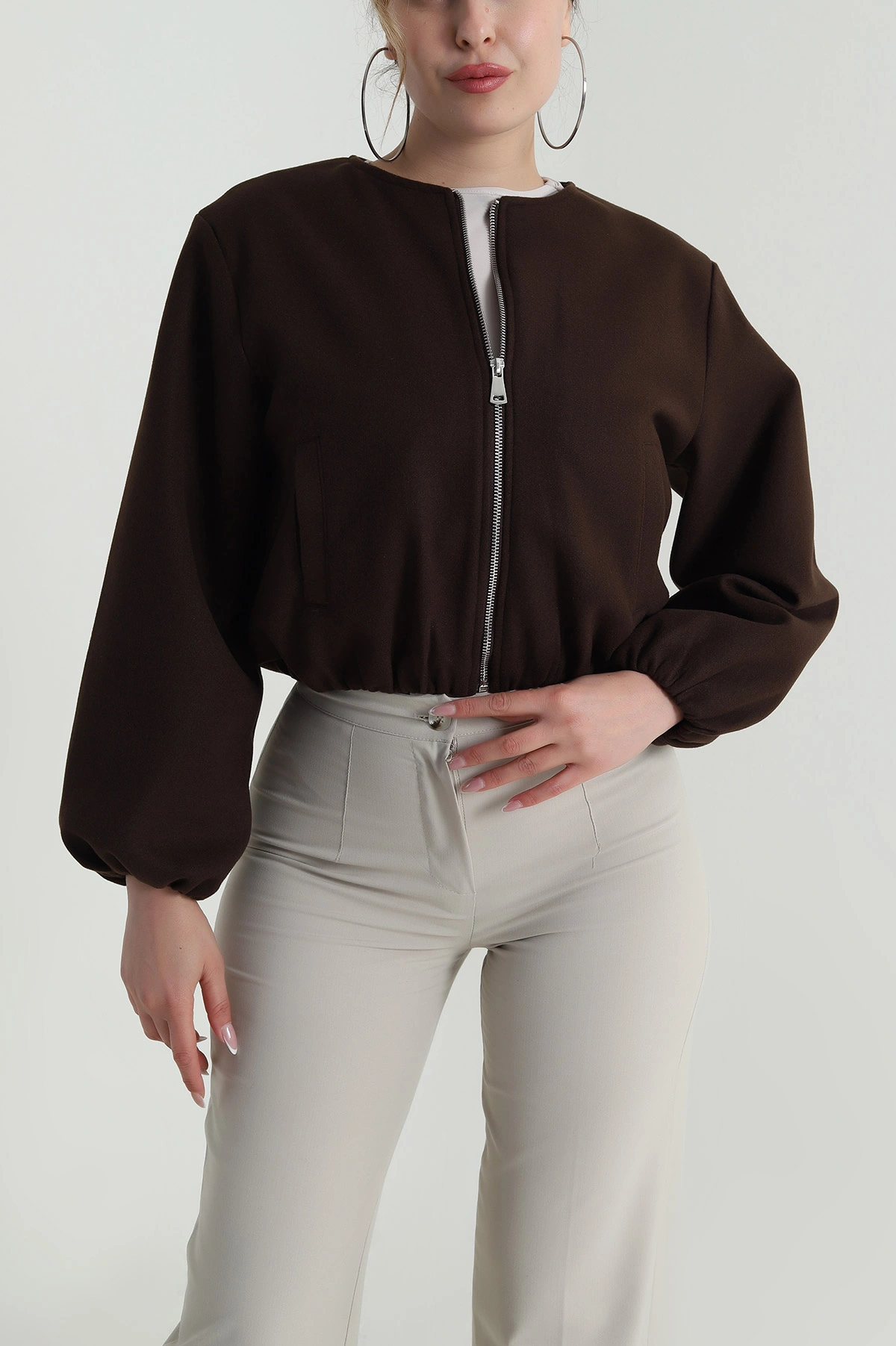 Kahverengi Fermuarlı Kaşe Kadın Mont 486092