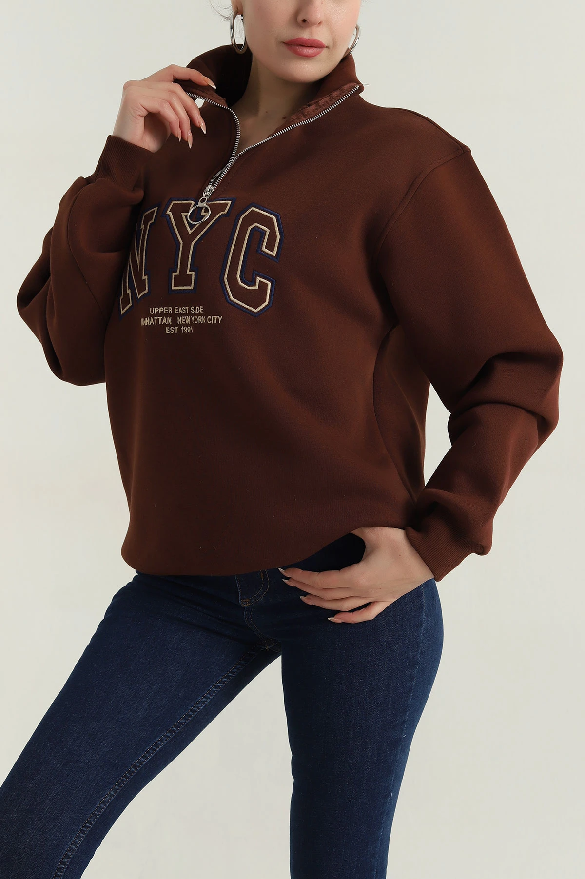 Kahverengi Fermuarlı Nakışlı Şardonlu Kadın Sweat 404967