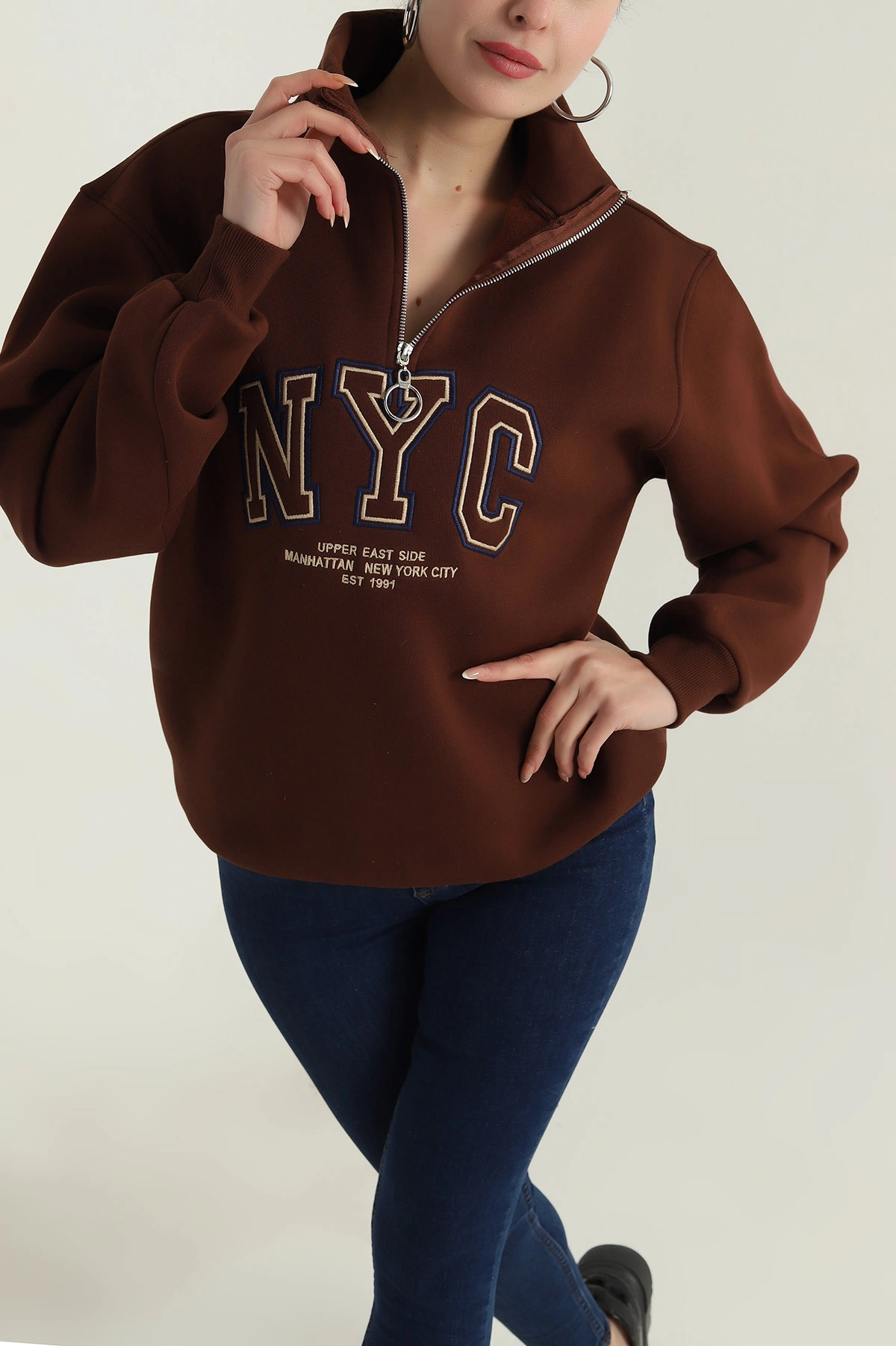 Kahverengi Fermuarlı Nakışlı Şardonlu Kadın Sweat 404967