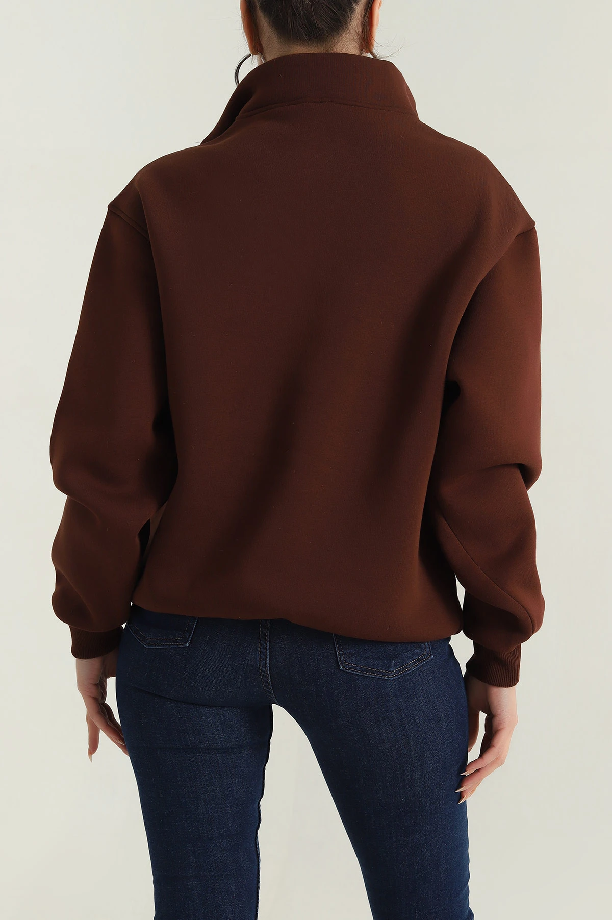 Kahverengi Fermuarlı Nakışlı Şardonlu Kadın Sweat 404967