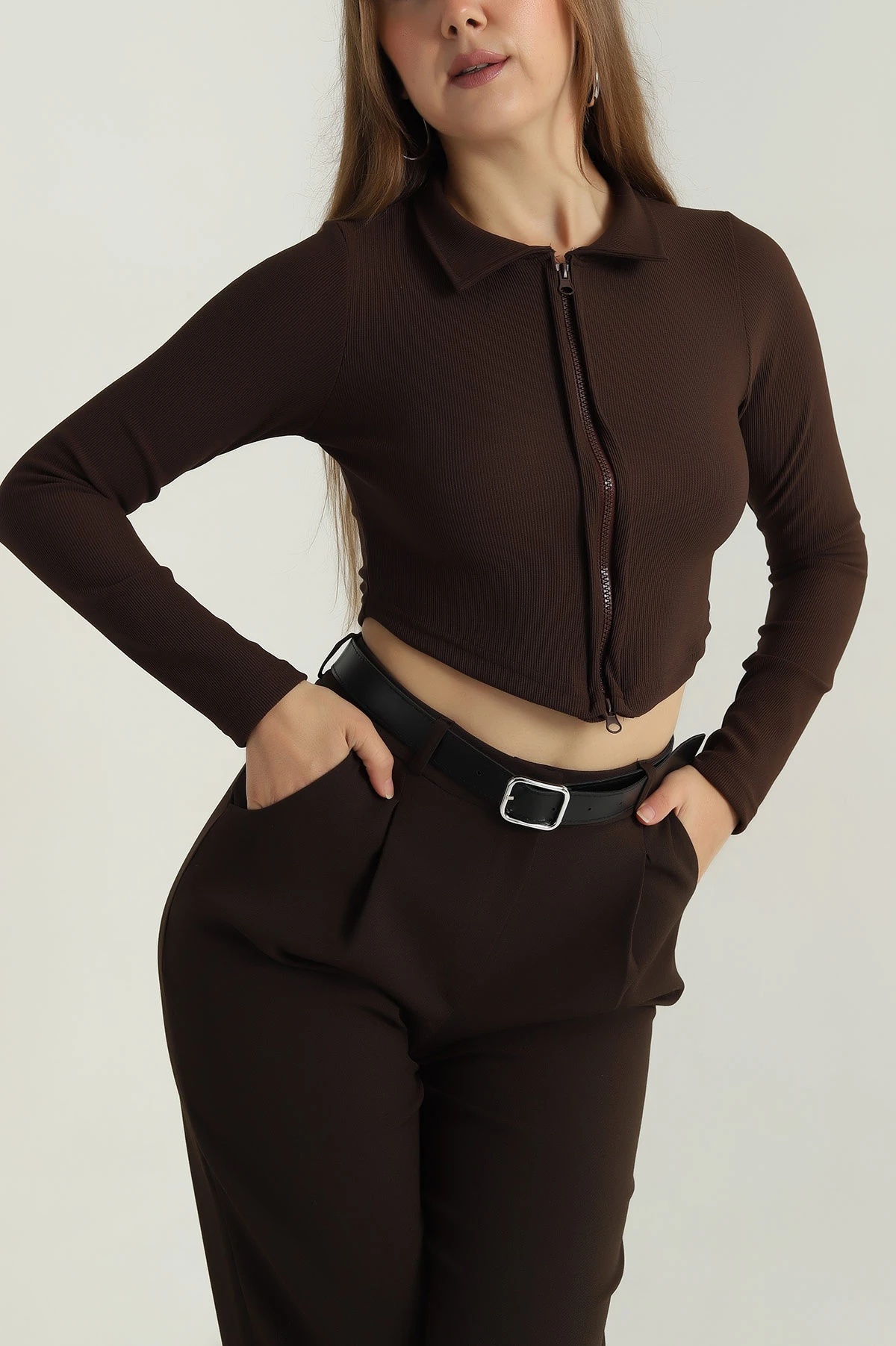 Kahverengi Fermuarlı Ottoman Kadın Bluz 406097