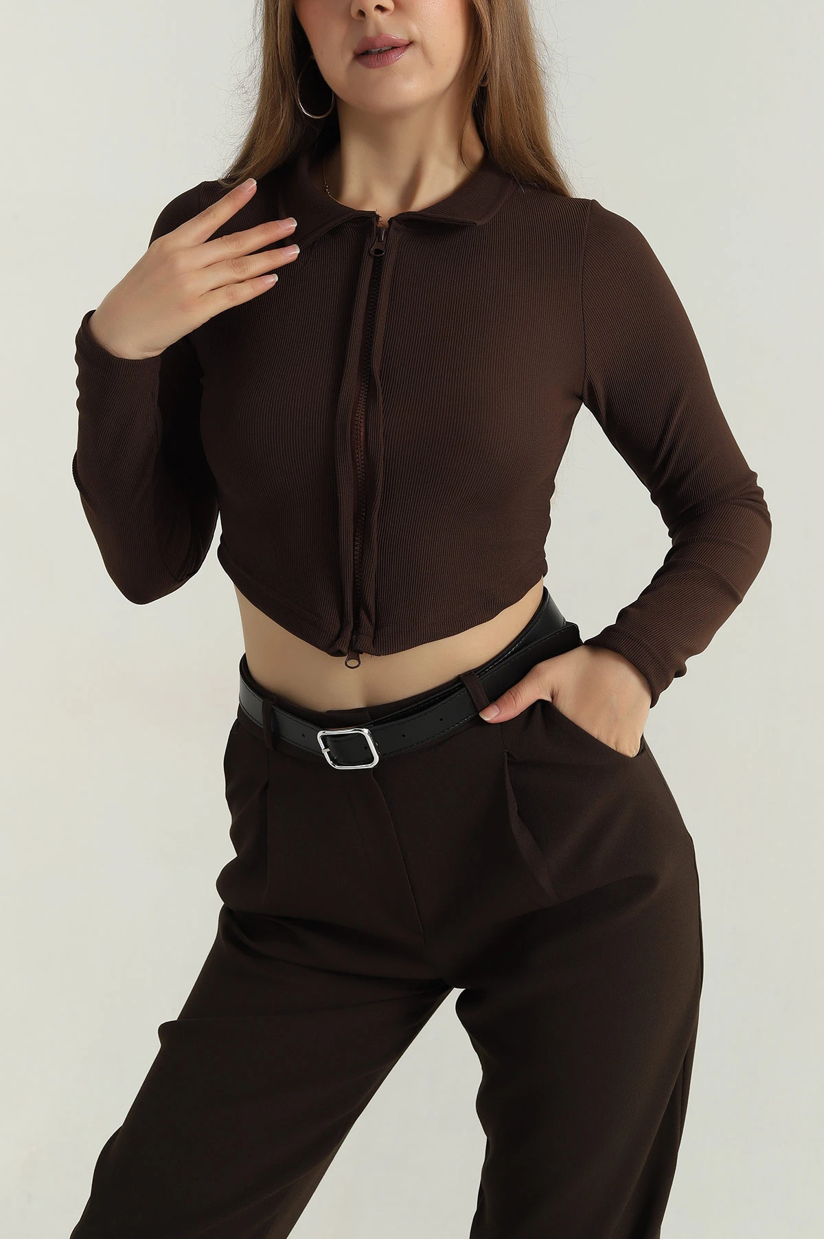 Kahverengi Fermuarlı Ottoman Kadın Bluz 406097