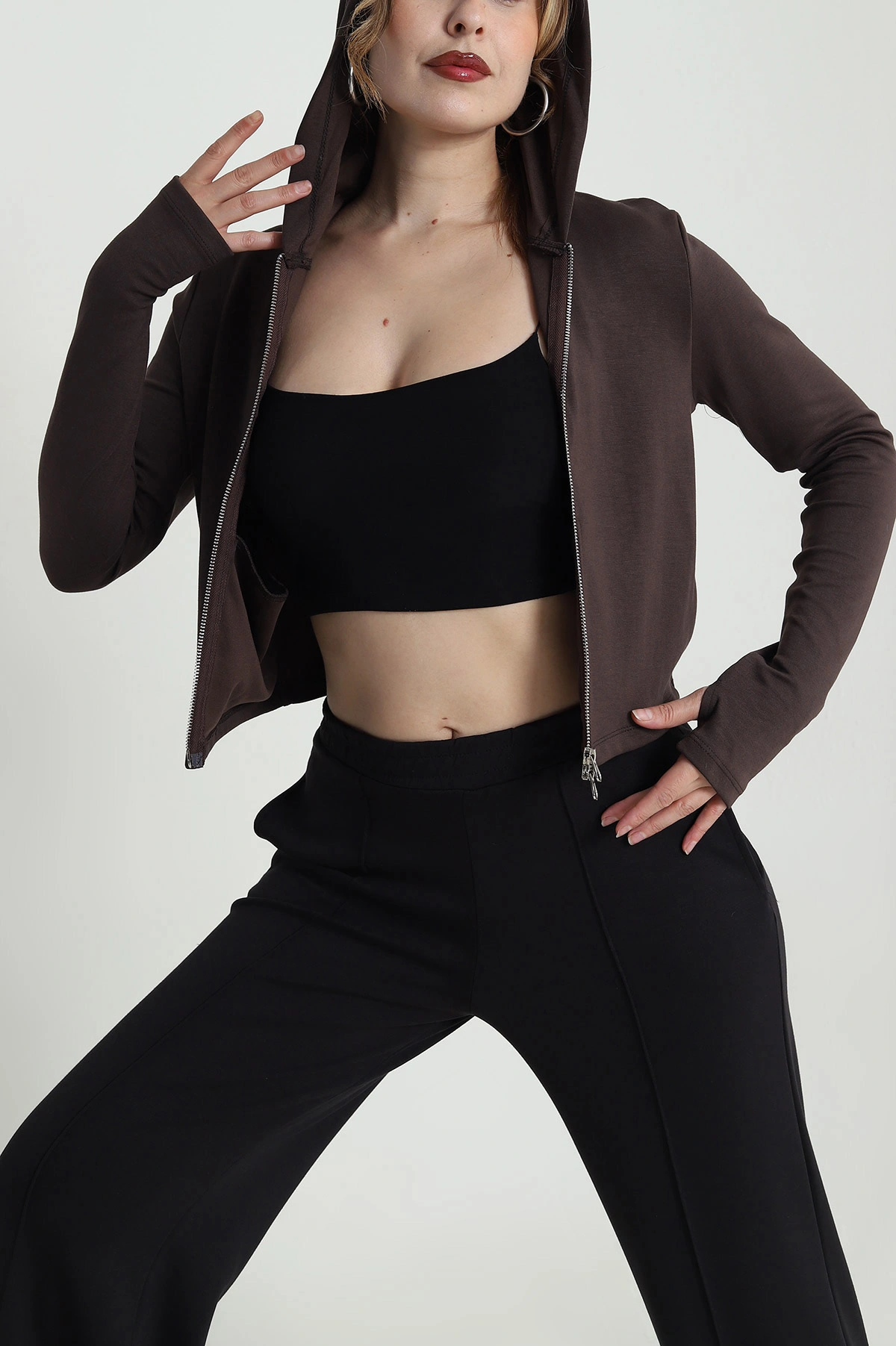 Kahverengi Fermuarlı Oysho Kadın Sweat 483619