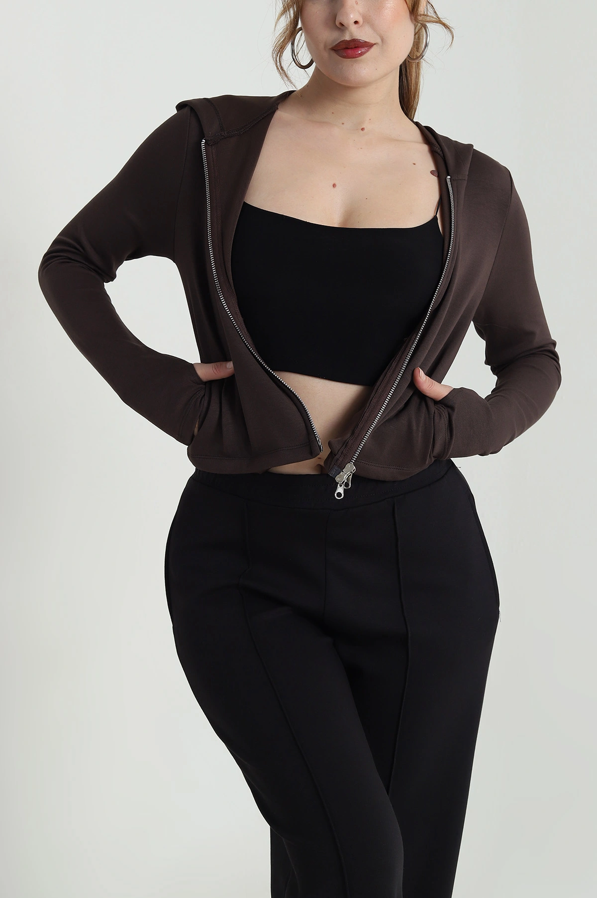 Kahverengi Fermuarlı Oysho Kadın Sweat 483619
