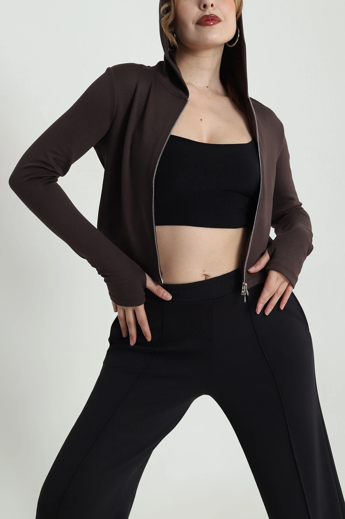 Kahverengi Fermuarlı Oysho Kadın Sweat 483619