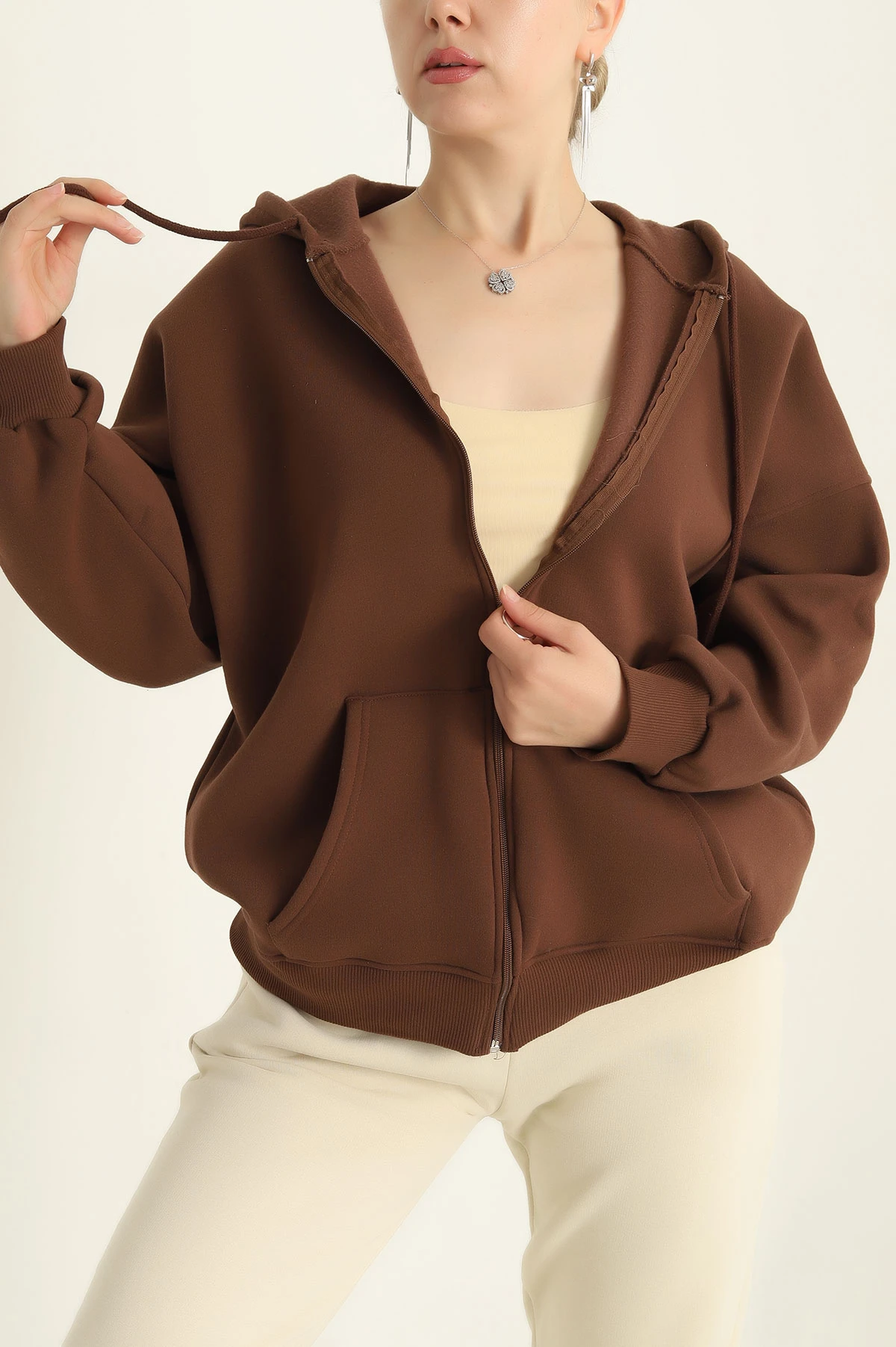 Kahverengi Fermuarlı Şardonlu Bayan Sweat 292163