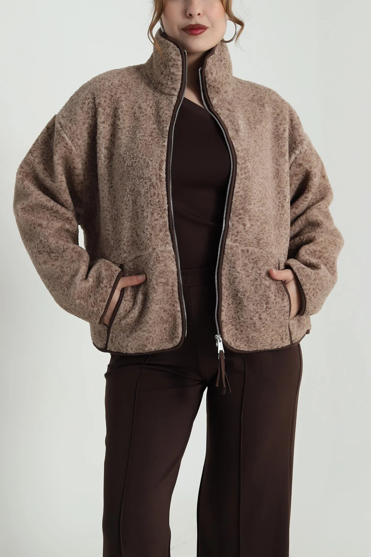 Kahverengi Fermuarlı Teddy Kadın Sweat 483918