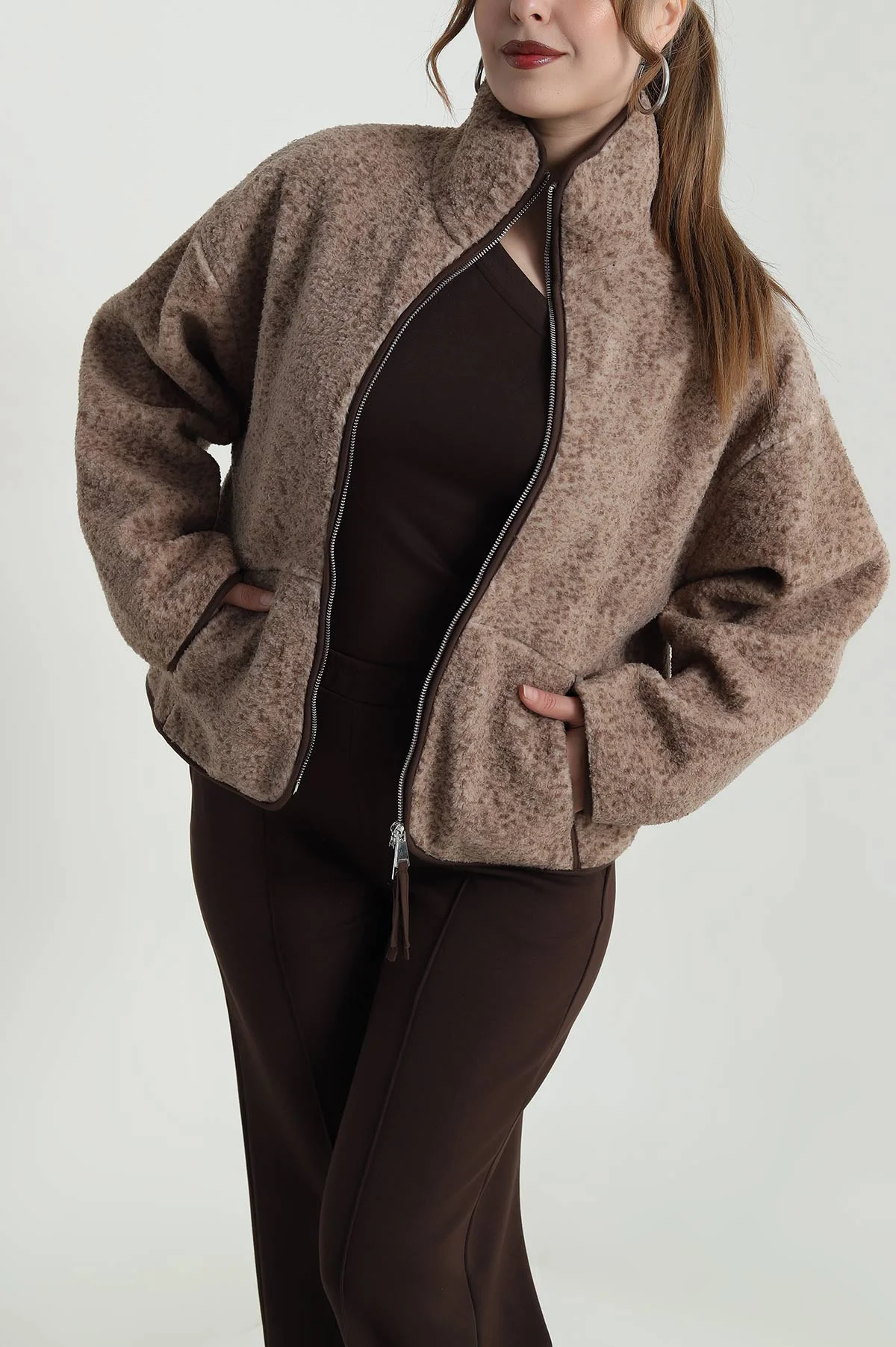 Kahverengi Fermuarlı Teddy Kadın Sweat 483918
