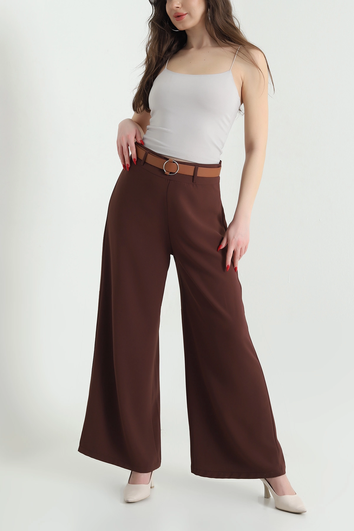 Kahverengi Fermuarlı Tencel Crep Kadın Pantolon 440766