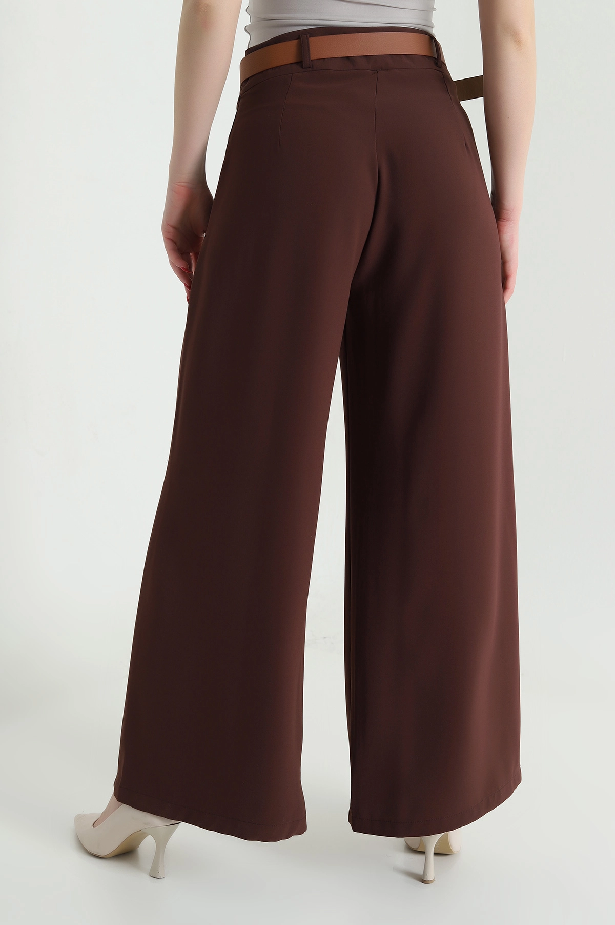 Kahverengi Fermuarlı Tencel Crep Kadın Pantolon 440766
