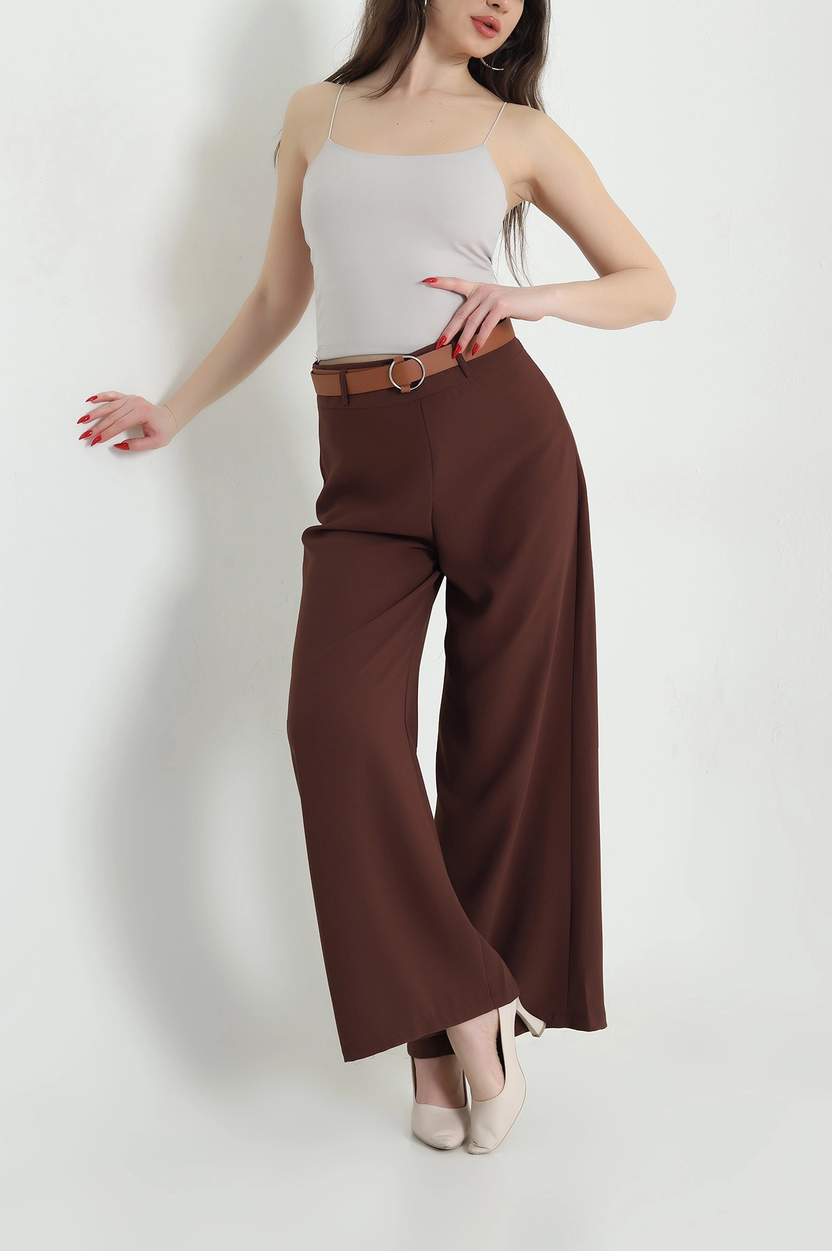Kahverengi Fermuarlı Tencel Crep Kadın Pantolon 440766