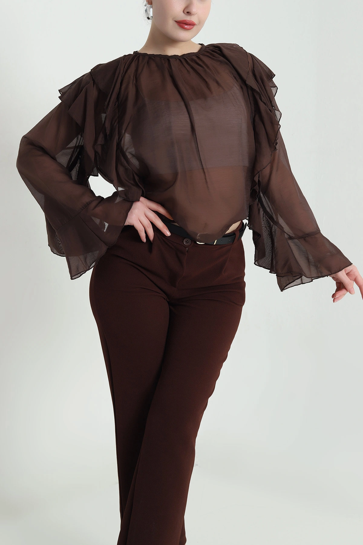 Kahverengi Fırfırlı Tensel Kadın Bluz 461308