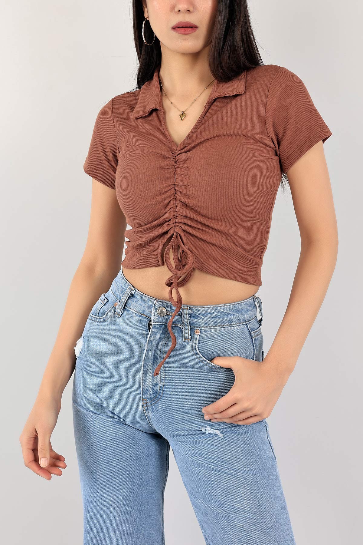 Kahverengi Fitilli Crop Bluz 111483