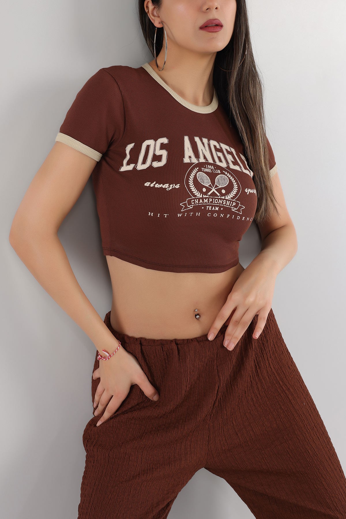 Kahverengi Fitilli Crop Tişört 166031