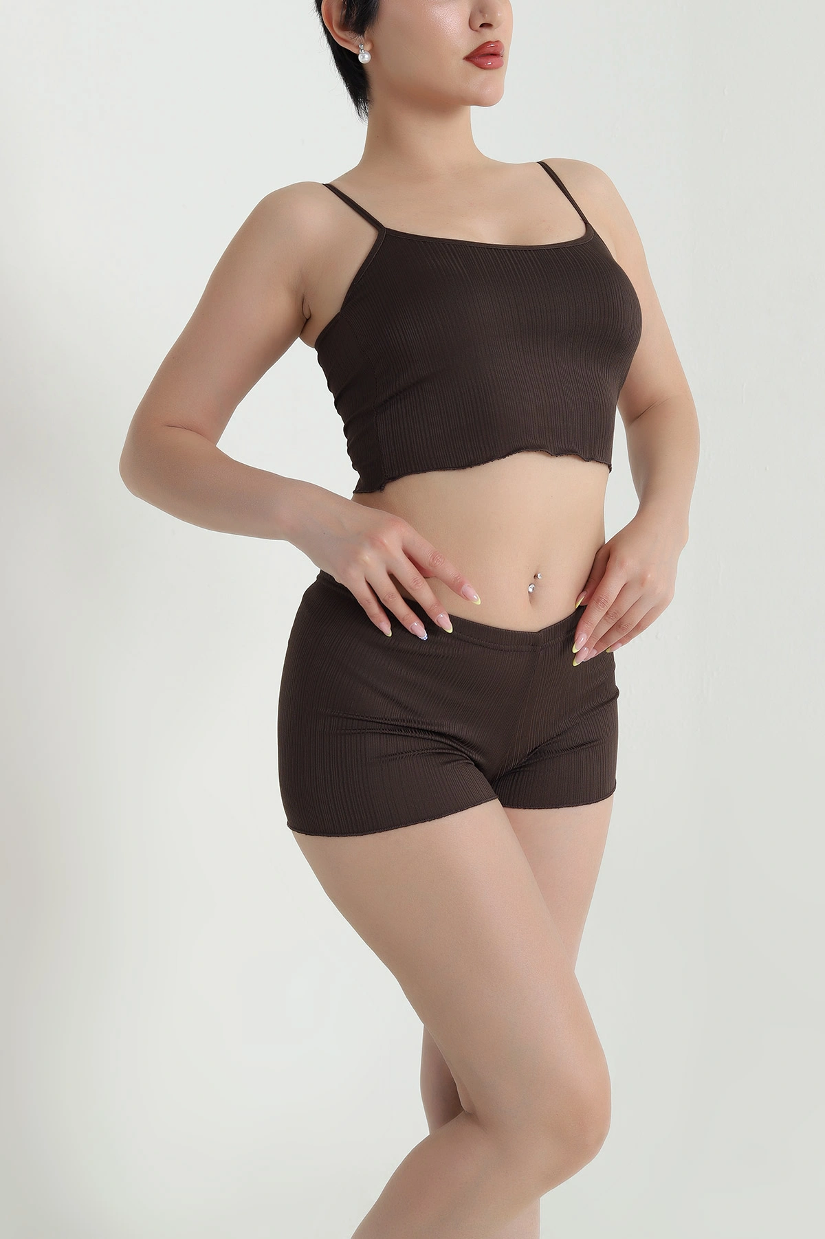 Kahverengi Fitilli Kadın Şortlu Pijama Takımı 466398
