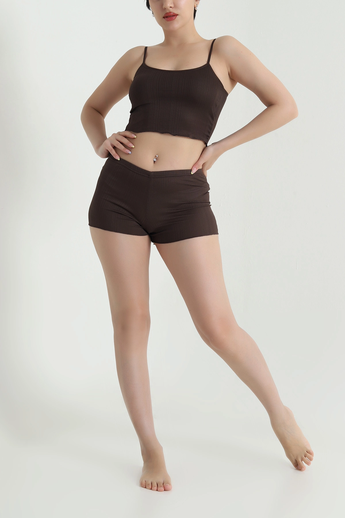 Kahverengi Fitilli Kadın Şortlu Pijama Takımı 466398