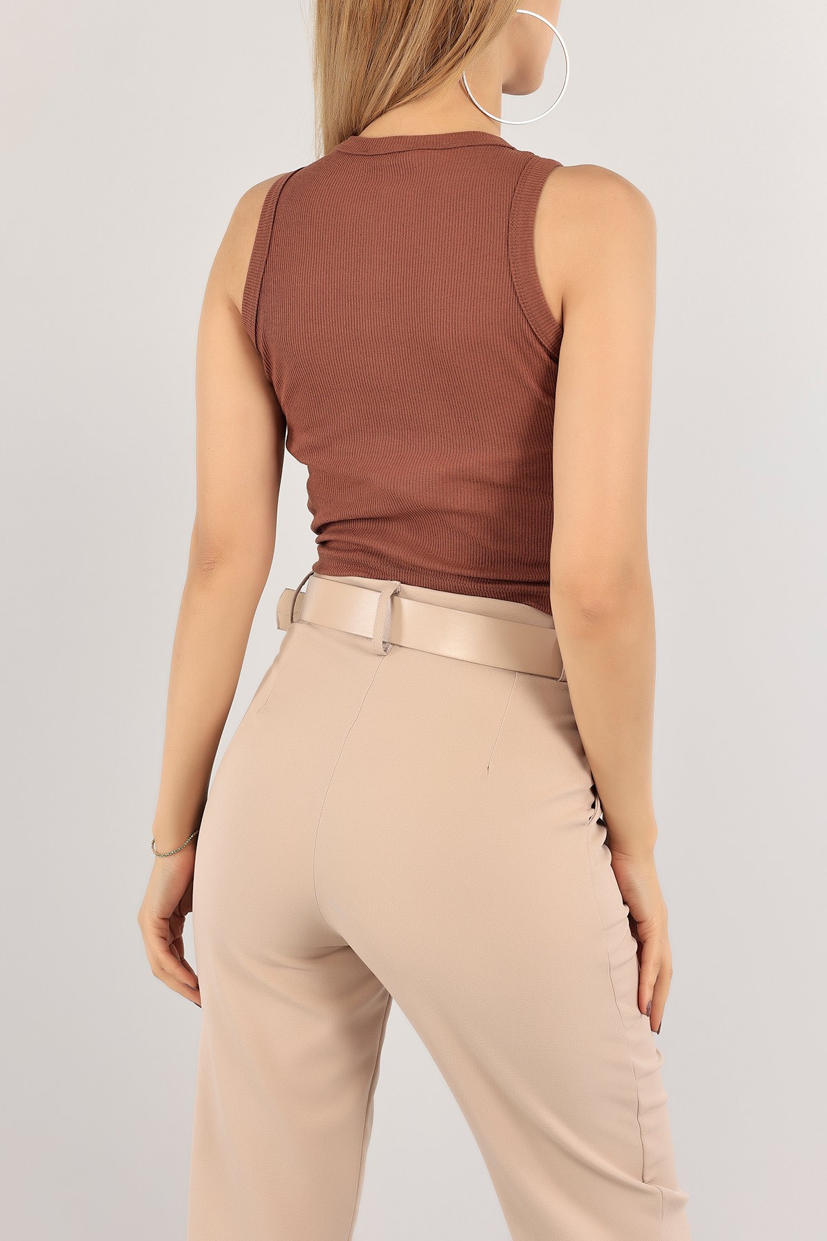 Kahverengi Fitilli Likralı Bayan Crop Atlet 118264
