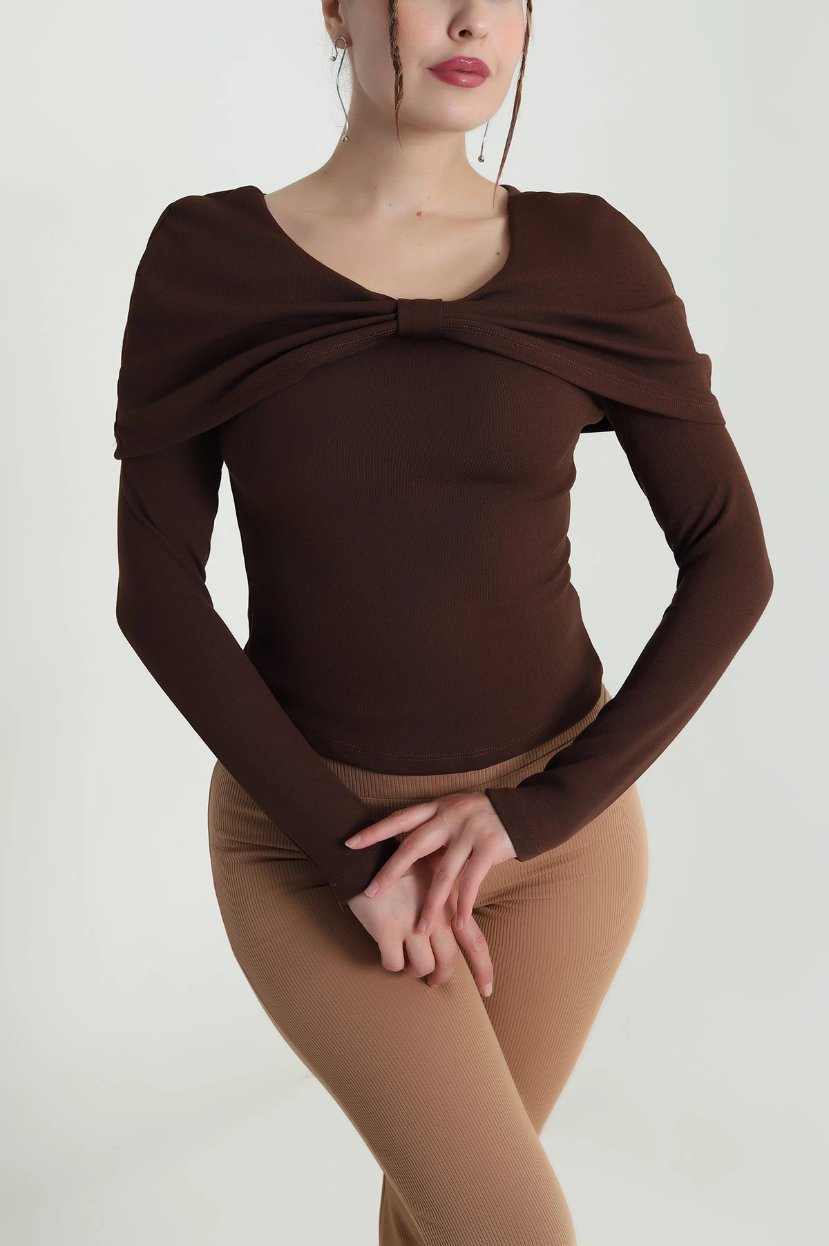 Kahverengi Fitilli Modal Kadın Bluz 482836