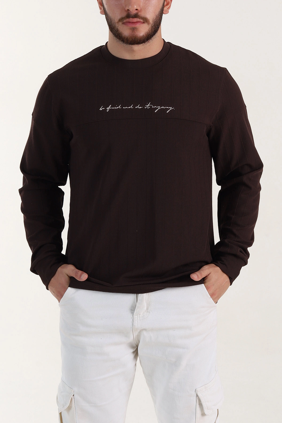 Kahverengi Fitilli Nakışlı Bisiklet Yaka Erkek Sweatshirt 396904