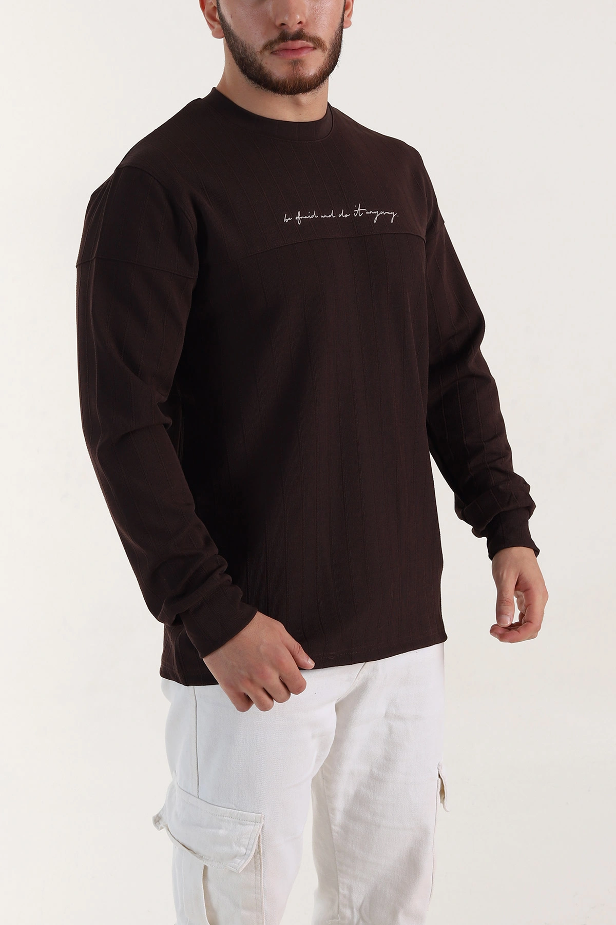 Kahverengi Fitilli Nakışlı Bisiklet Yaka Erkek Sweatshirt 396904