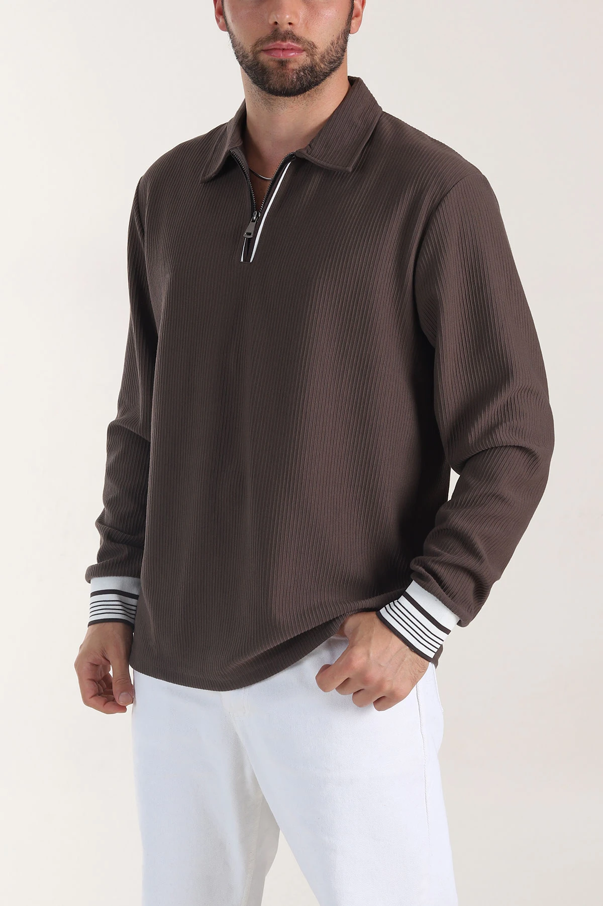 Kahverengi Fitilli Yarım Fermuarlı Dik Yaka Erkek Sweatshirt 404809