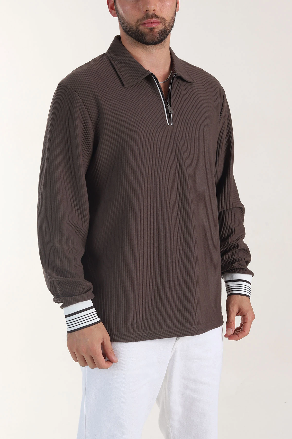 Kahverengi Fitilli Yarım Fermuarlı Dik Yaka Erkek Sweatshirt 404809