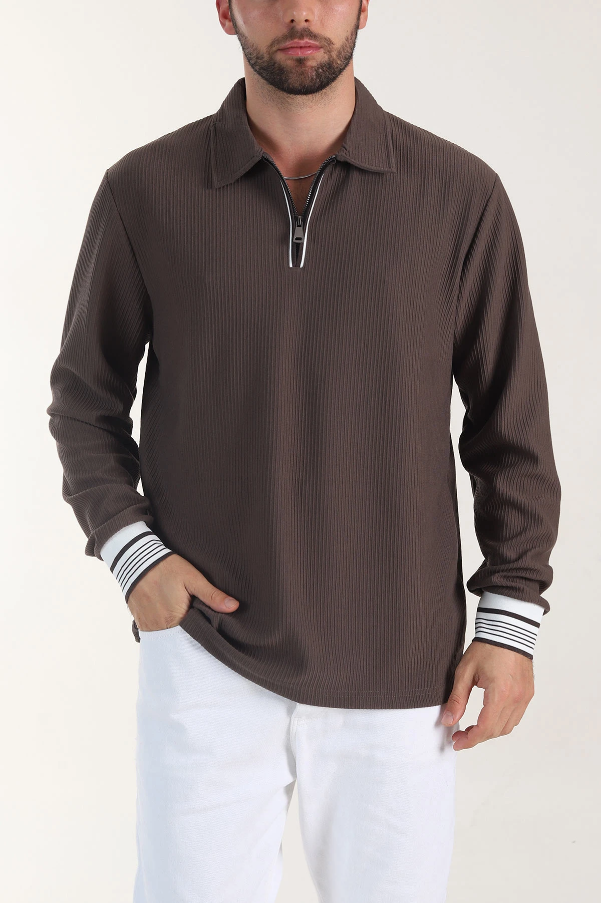 Kahverengi Fitilli Yarım Fermuarlı Dik Yaka Erkek Sweatshirt 404809