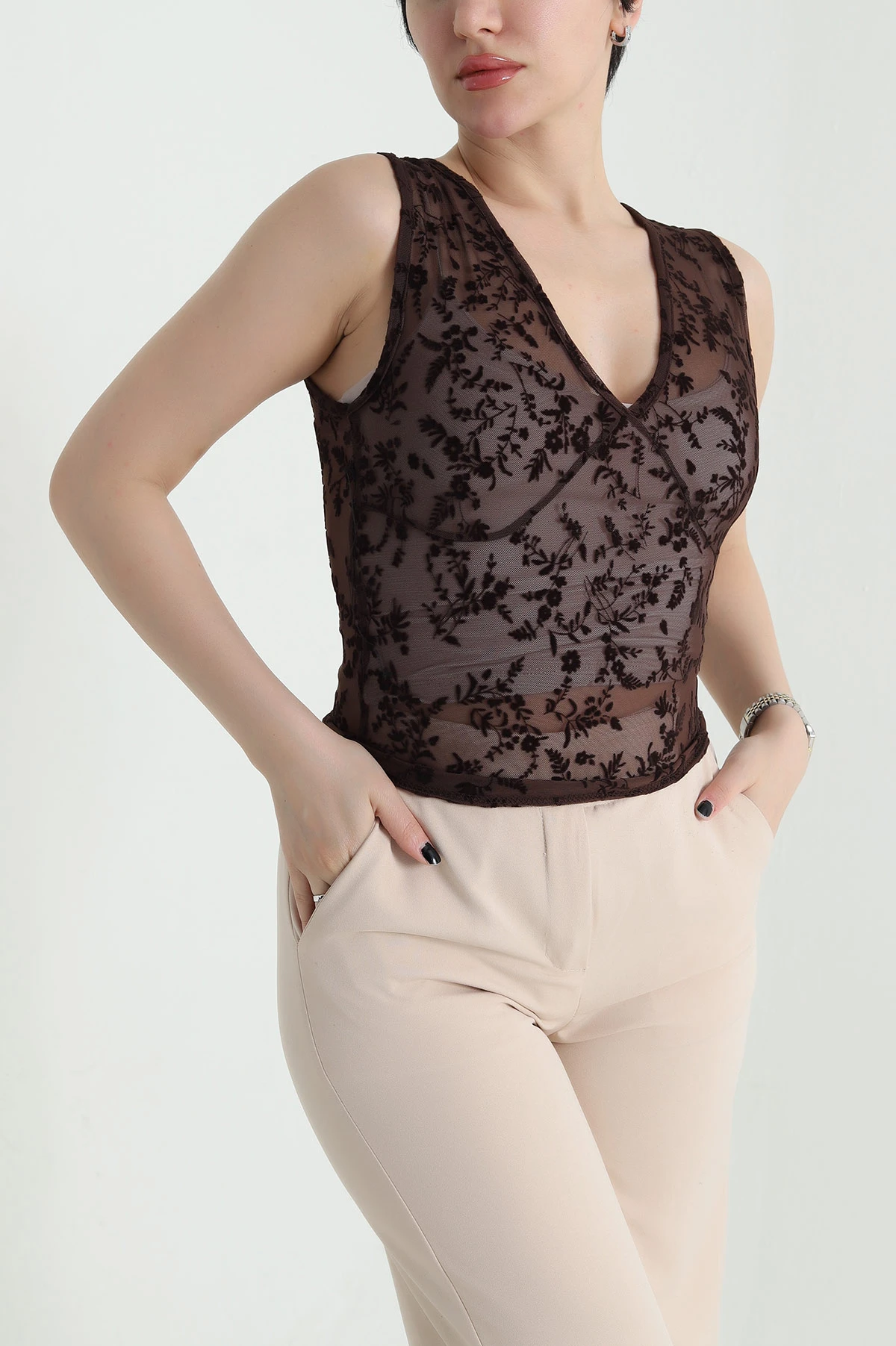 Kahverengi Flok Baskılı Tül Kadın Bluz 455390