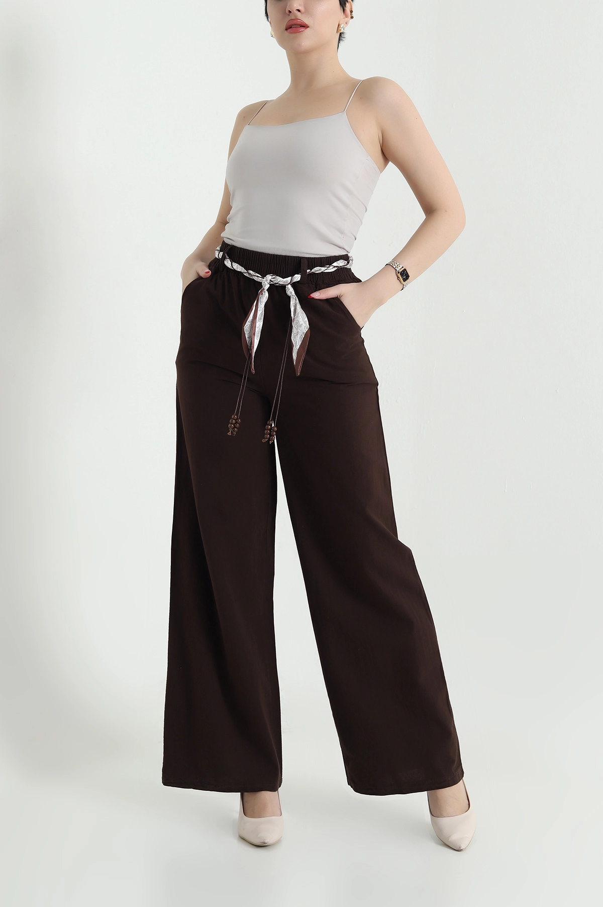 Kahverengi Fular Kemerli Tensel Gabardin Kadın Pantolon 440442