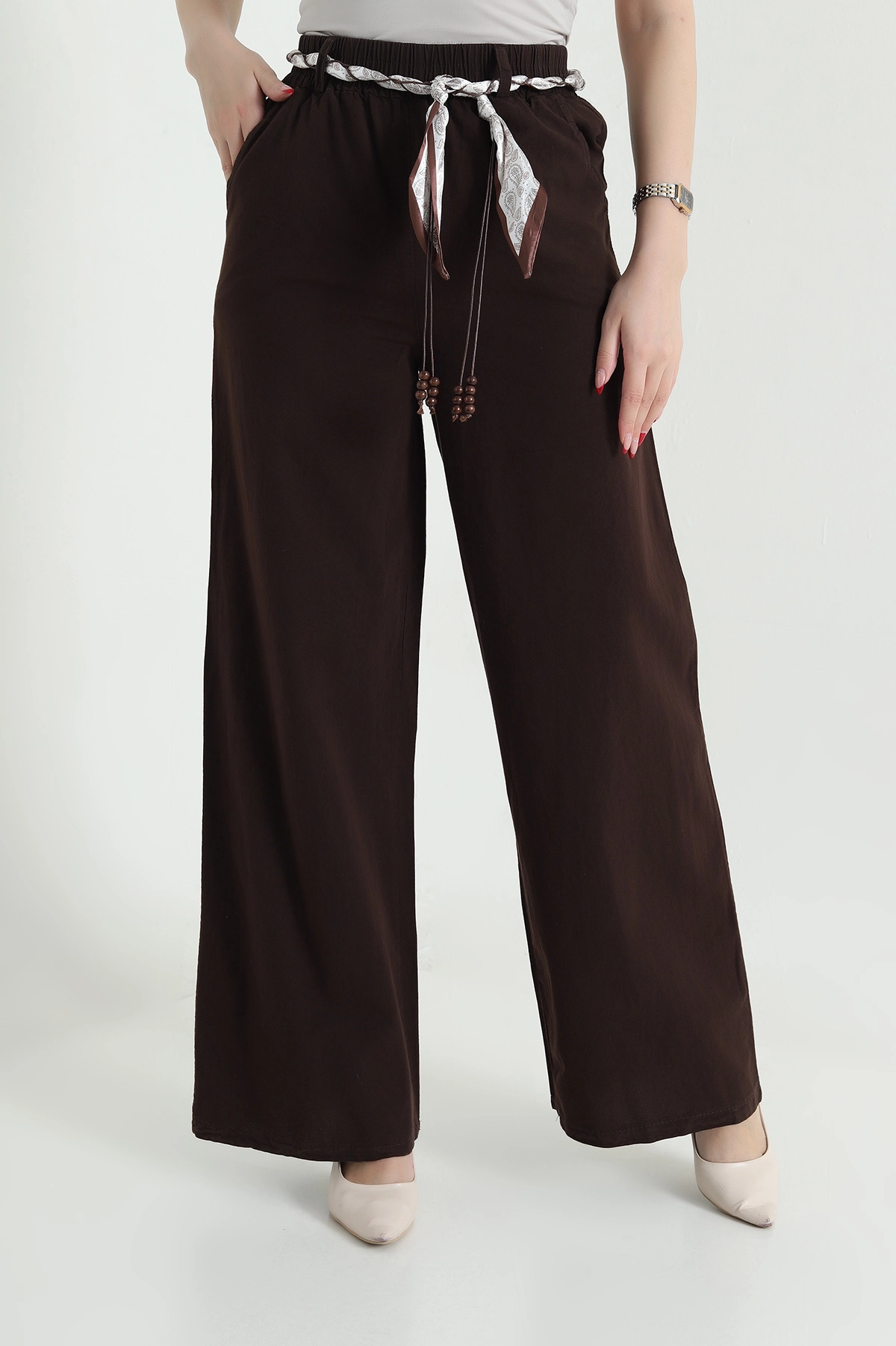 Kahverengi Fular Kemerli Tensel Gabardin Kadın Pantolon 440442