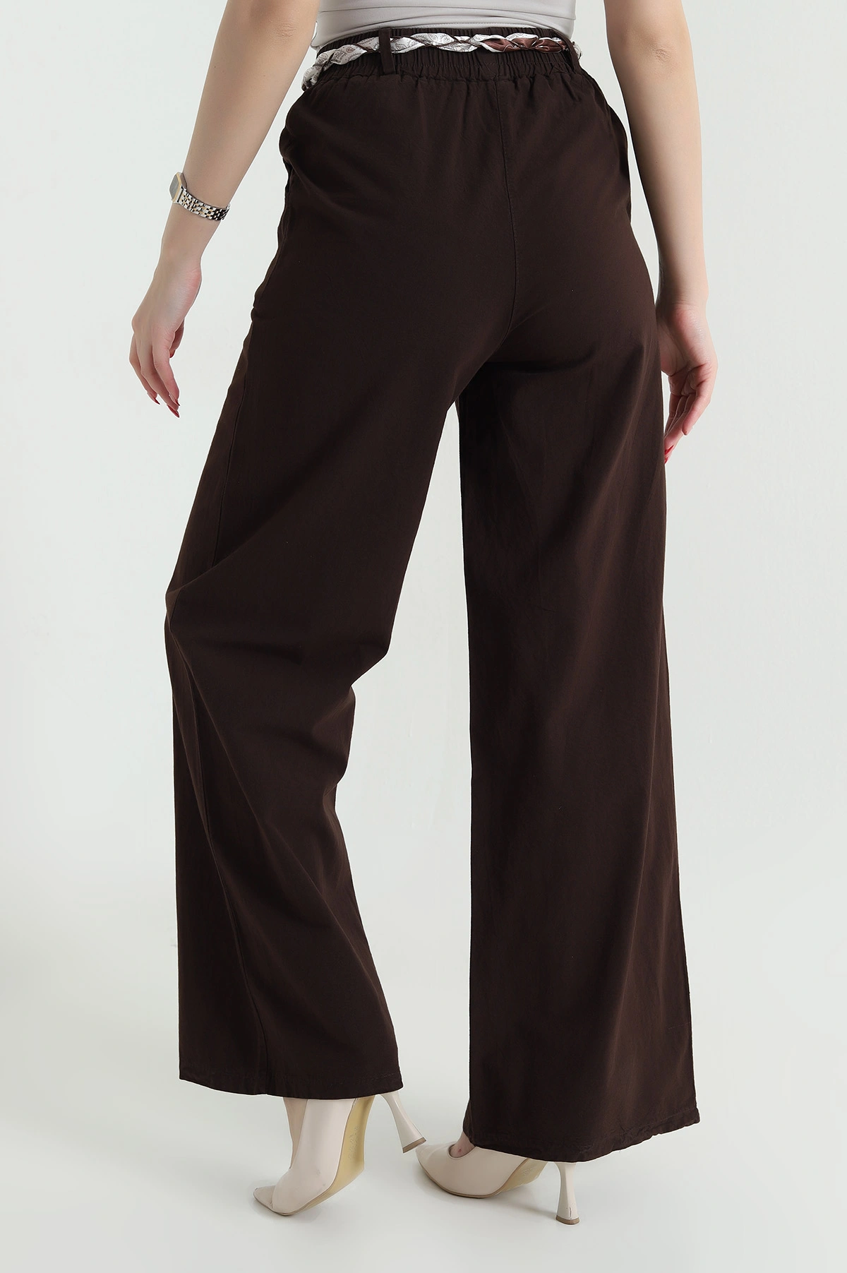 Kahverengi Fular Kemerli Tensel Gabardin Kadın Pantolon 440442