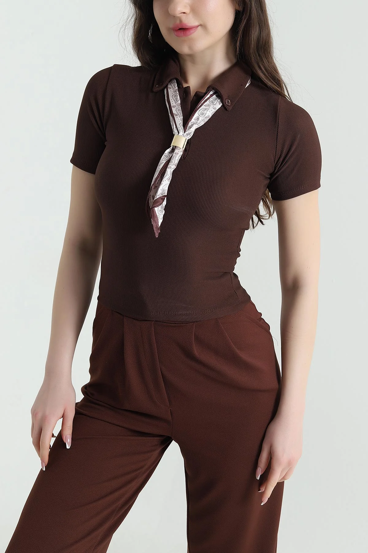 Kahverengi Fularlı Ottoman Kadın Bluz 453674