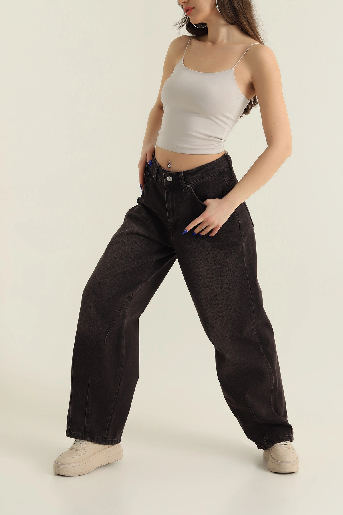Kahverengi Füme Paça Çift Pensli Boyfriend Kadın Kot Pantolon 427314