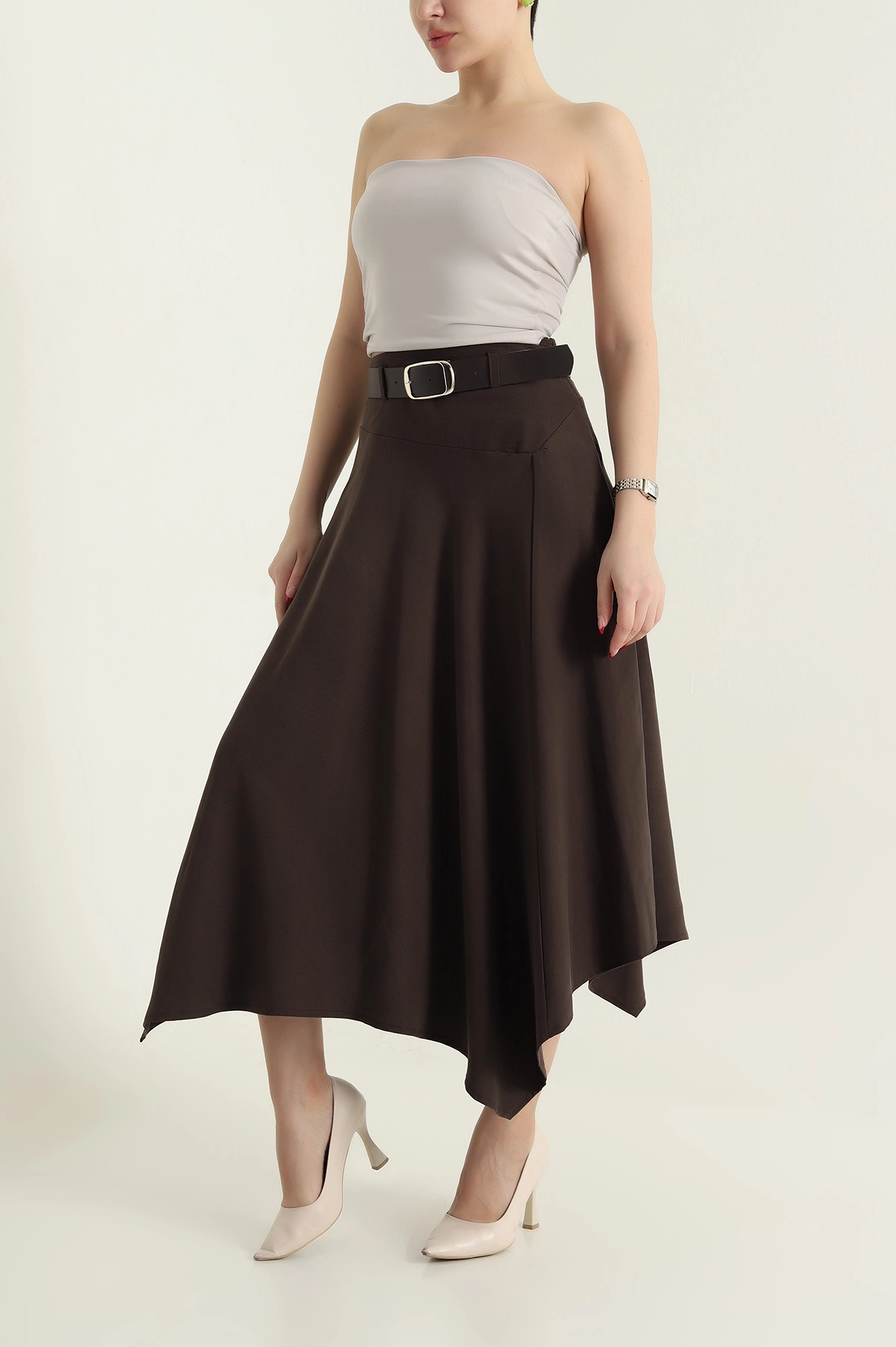 Kahverengi Gabardin Modal Mono Touch Kadın Etek 434050