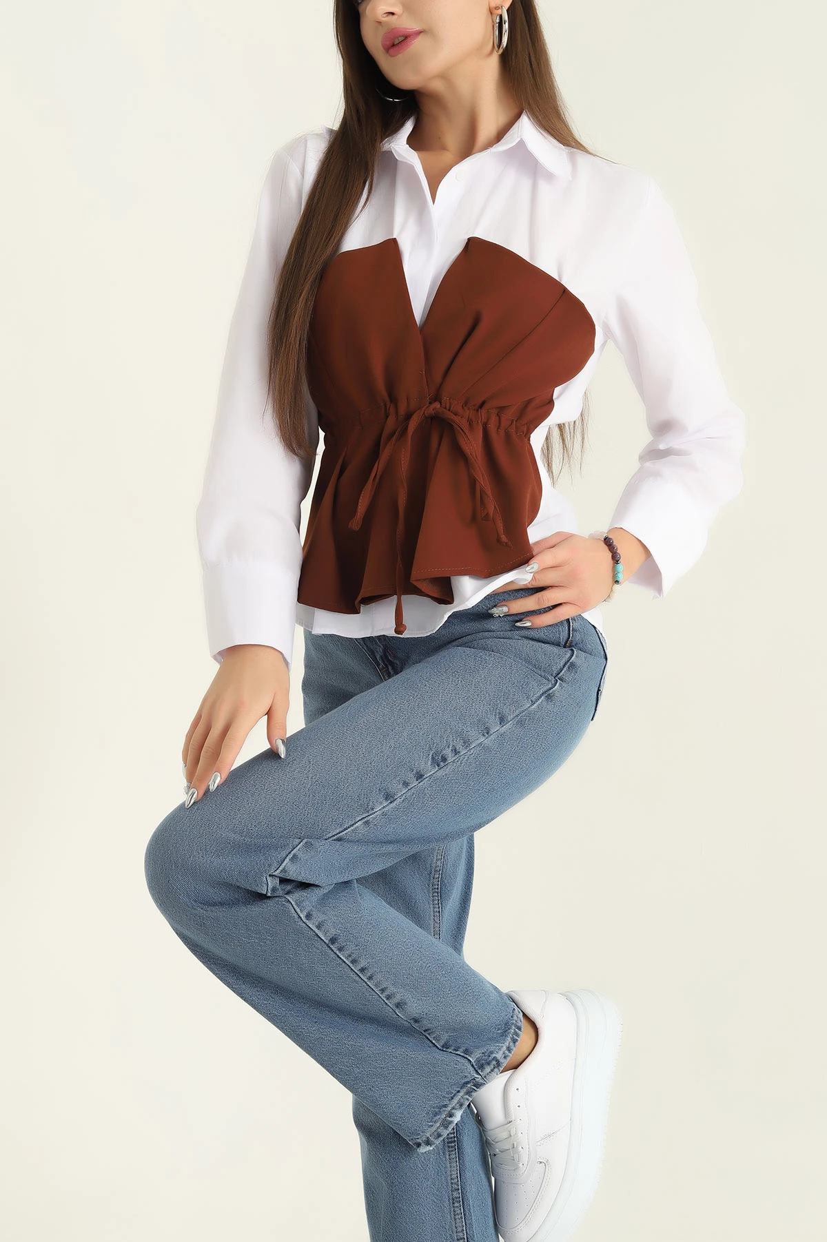 Kahverengi Garnilli Poplin Bayan Gömlek 316318