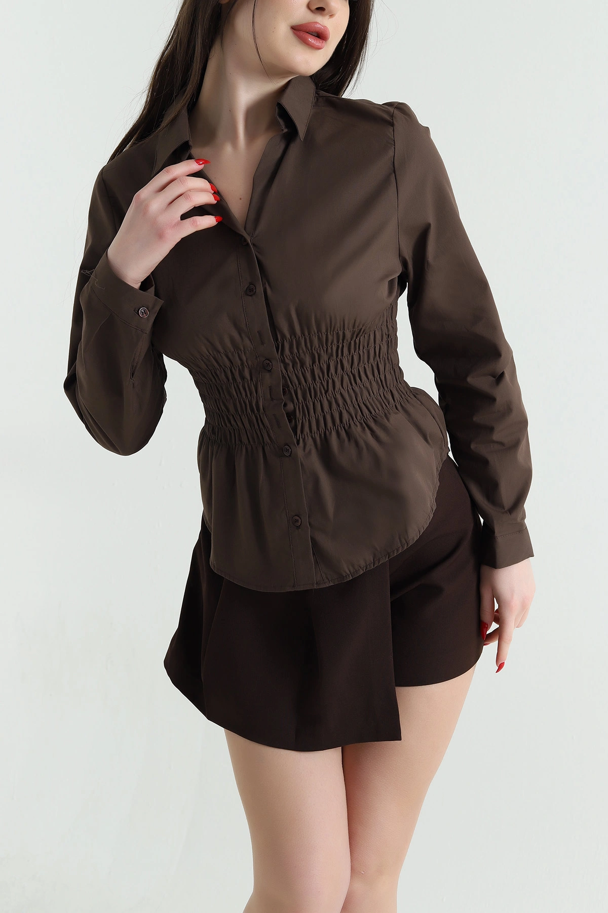 Kahverengi Gipeli Poplin Kadın Bluz 441412