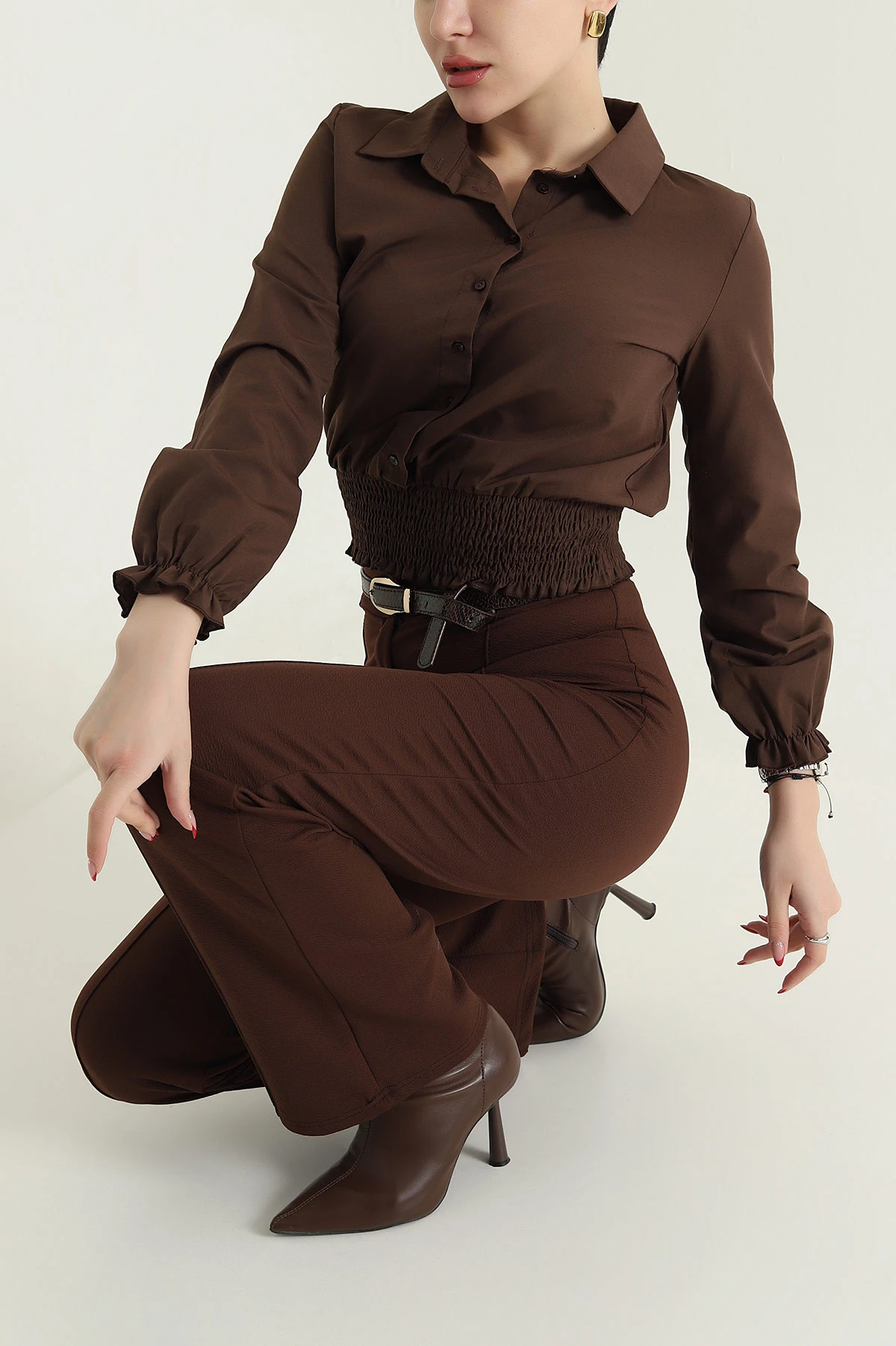 Kahverengi Gipeli Poplin Kadın Gömlek Bluz 436994