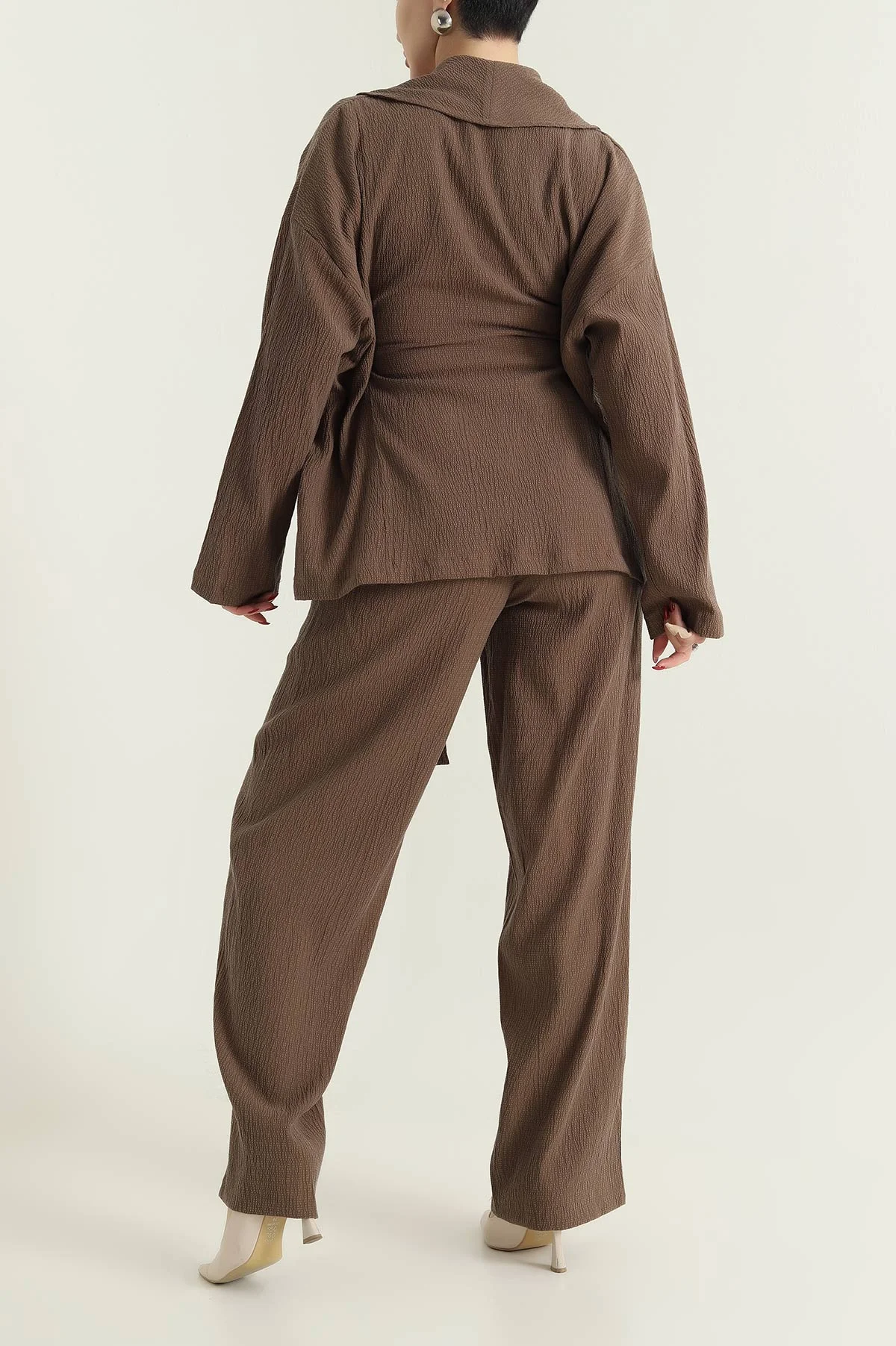 Kahverengi Gofre Kimono Pantolon Kadın İkili Takım 429932