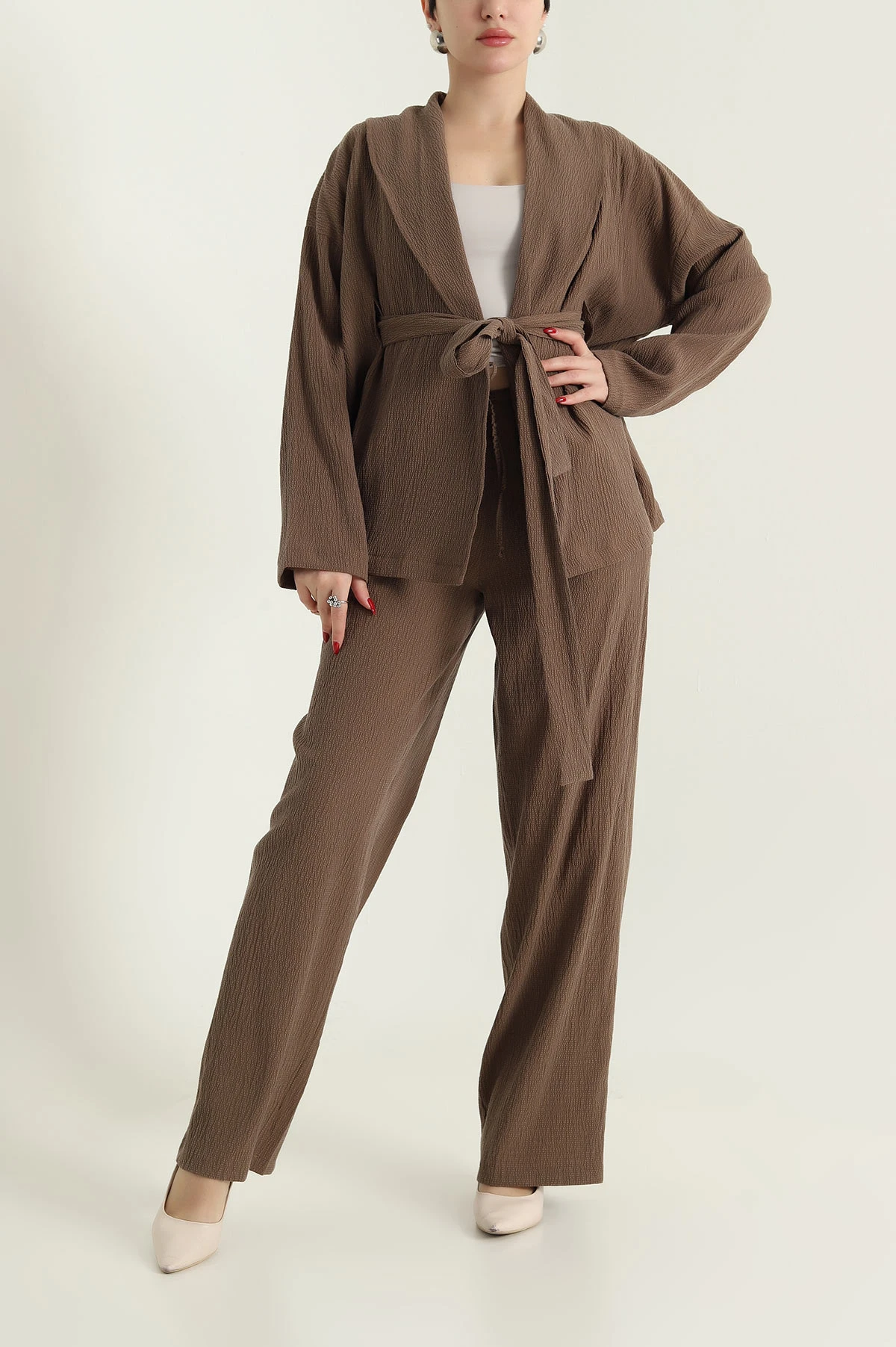 Kahverengi Gofre Kimono Pantolon Kadın İkili Takım 429932