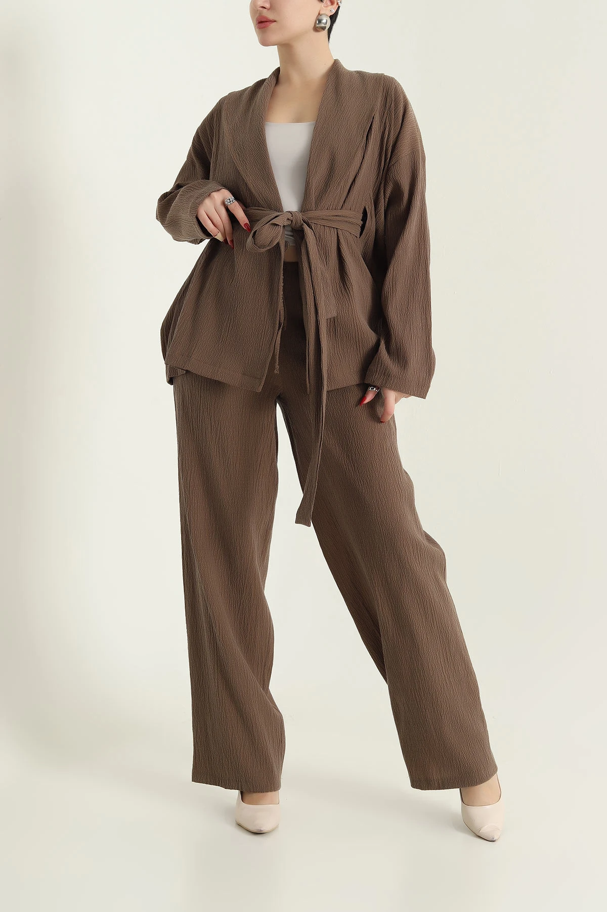 Kahverengi Gofre Kimono Pantolon Kadın İkili Takım 429932