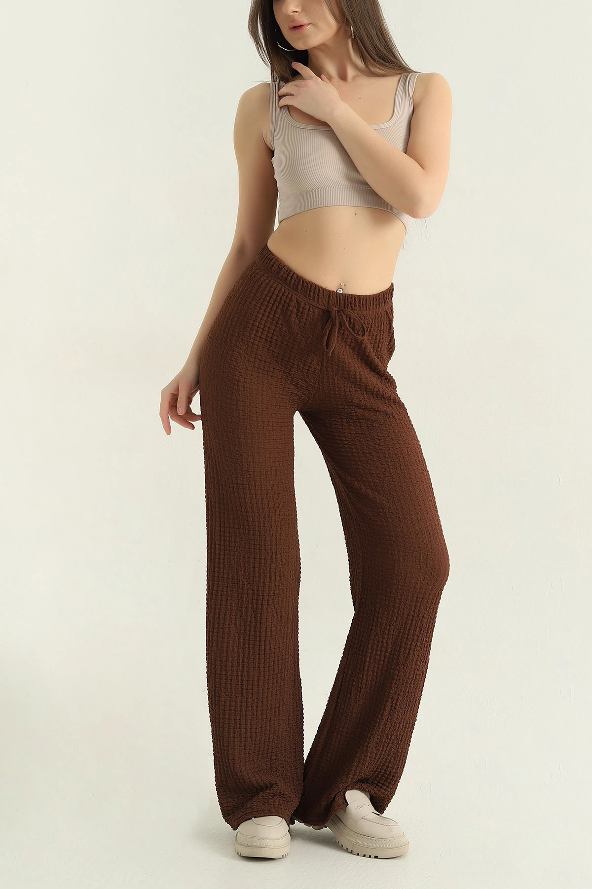 Kahverengi Gofre Palazzo Kadın Pantolon 360948