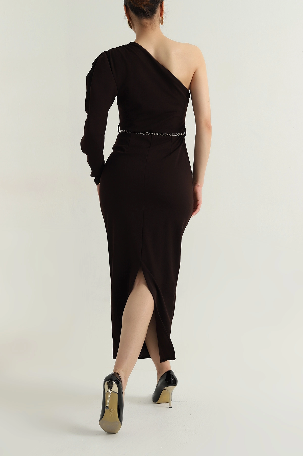 Kahverengi Gold Kemerli Crep Kadın Abiye 406474