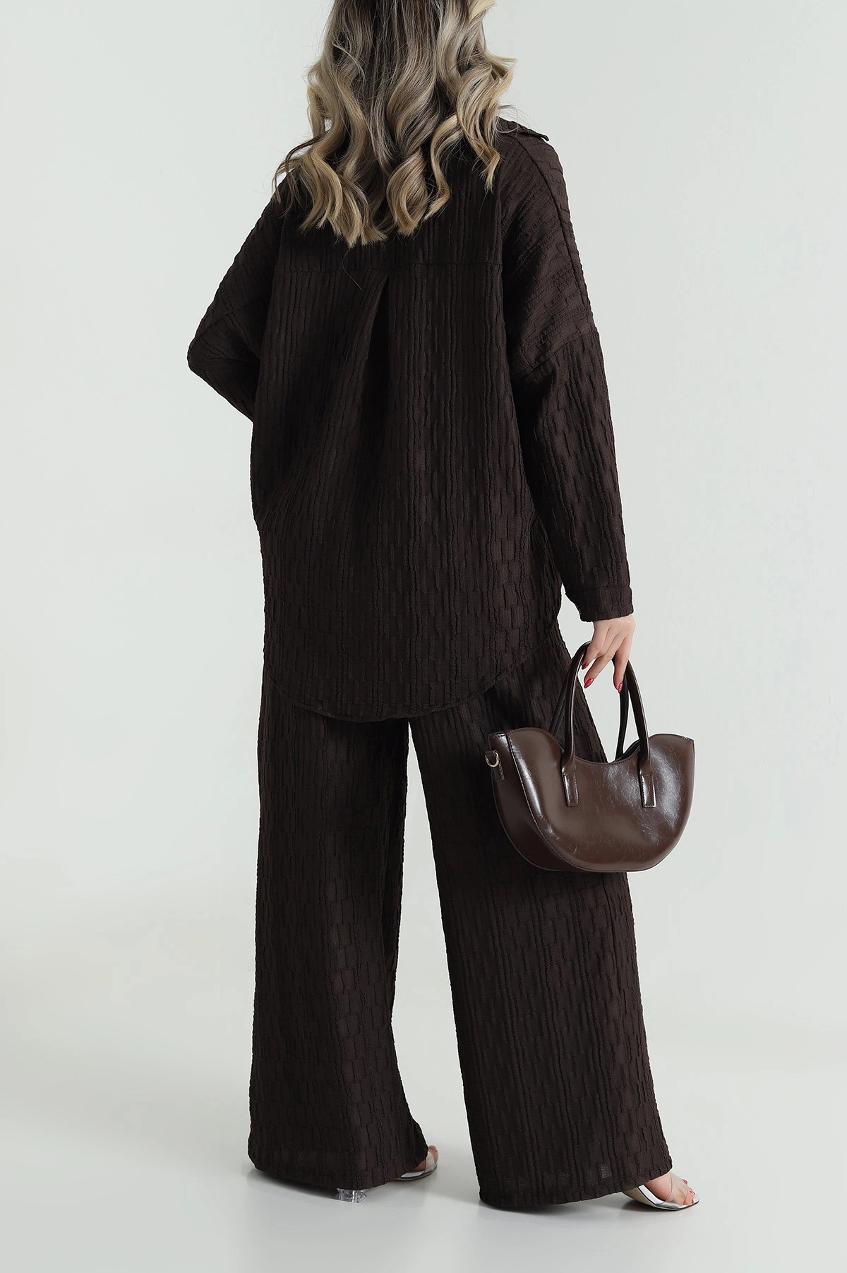 Kahverengi Gömlek Pantolon Krinkıl Kadın İkili Takım 485717