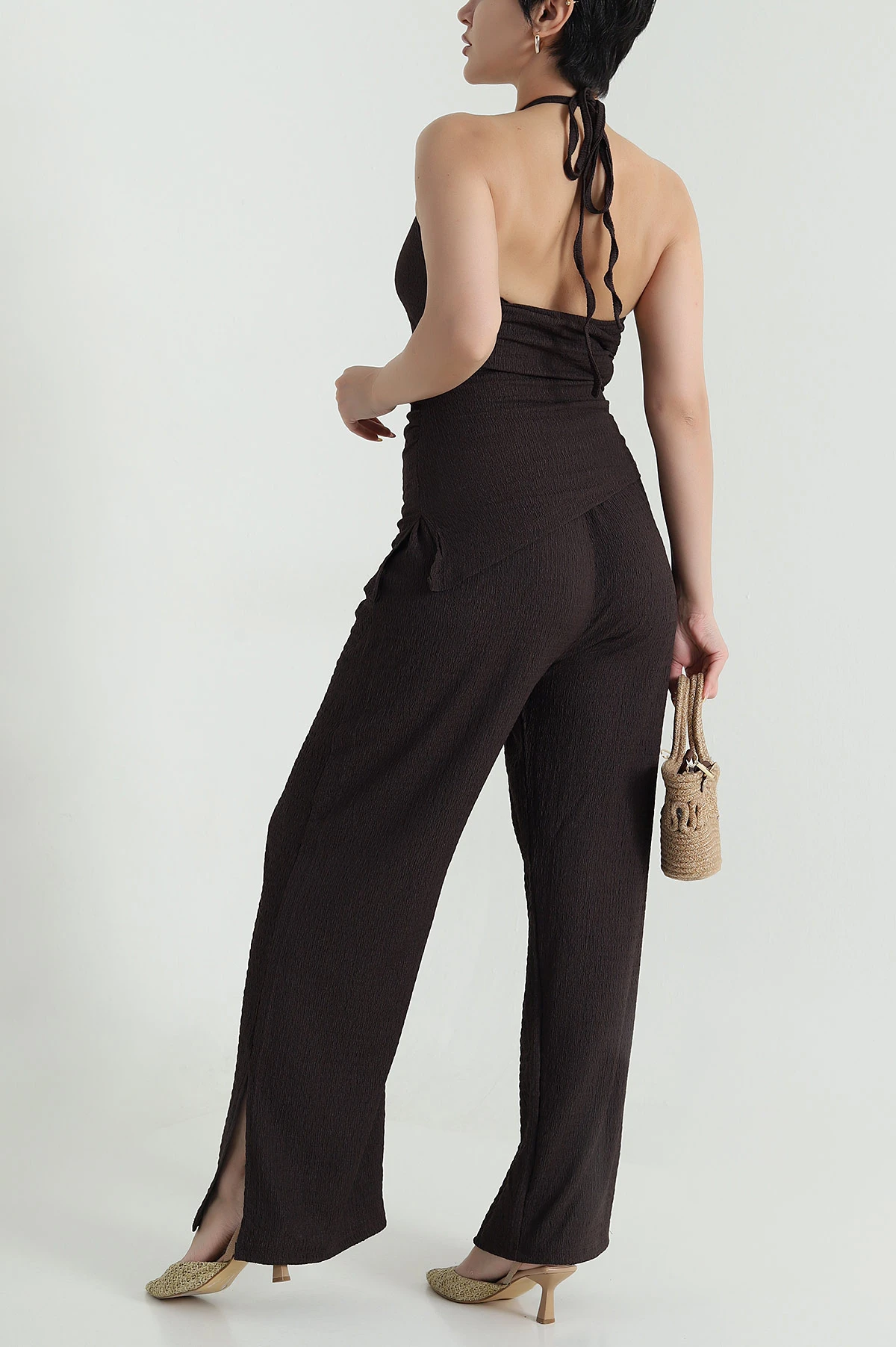 Kahverengi Halter Yaka Bürümcük Kadın İkili Takım 470287